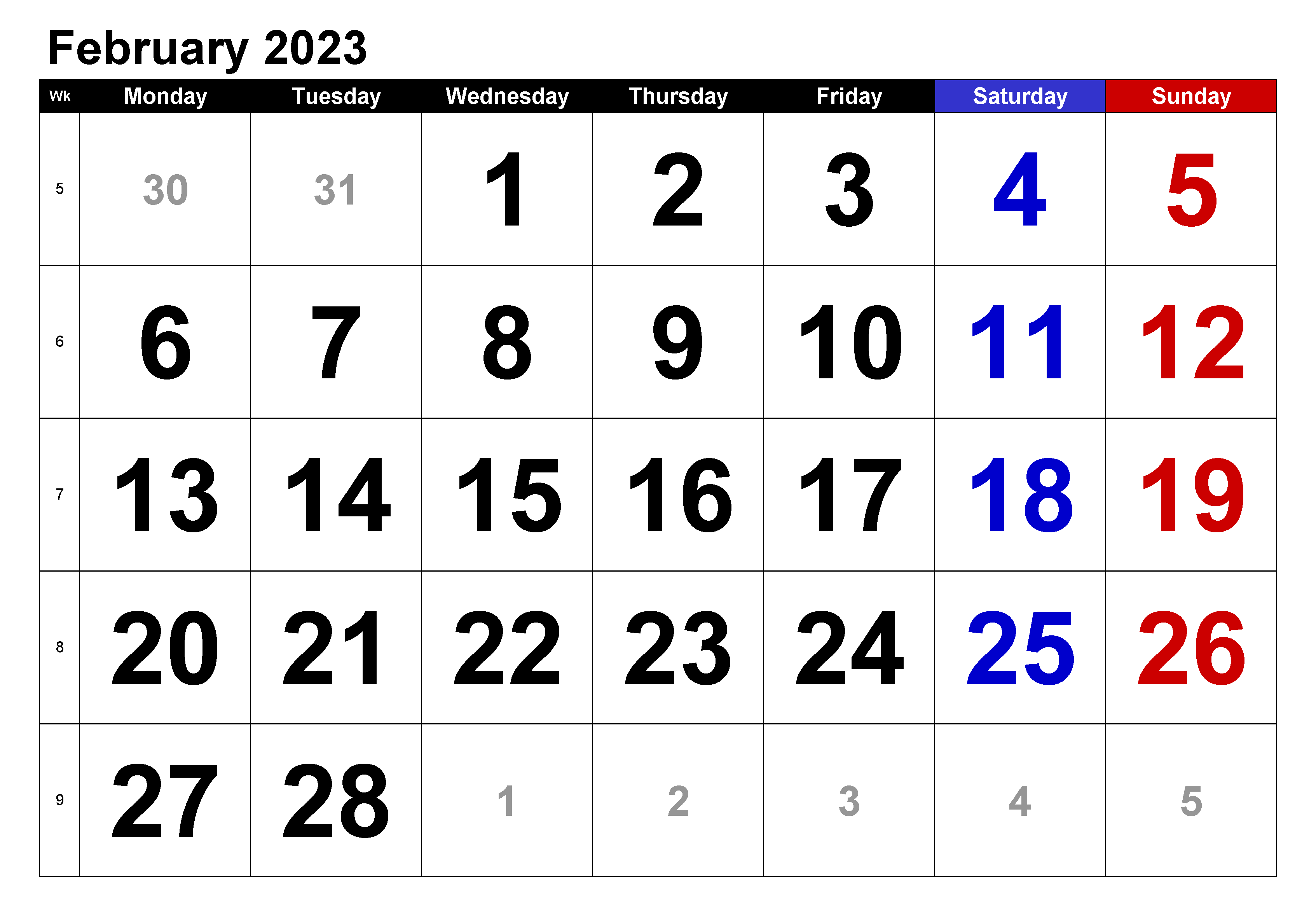 Latest February 2023 Printable Calendar