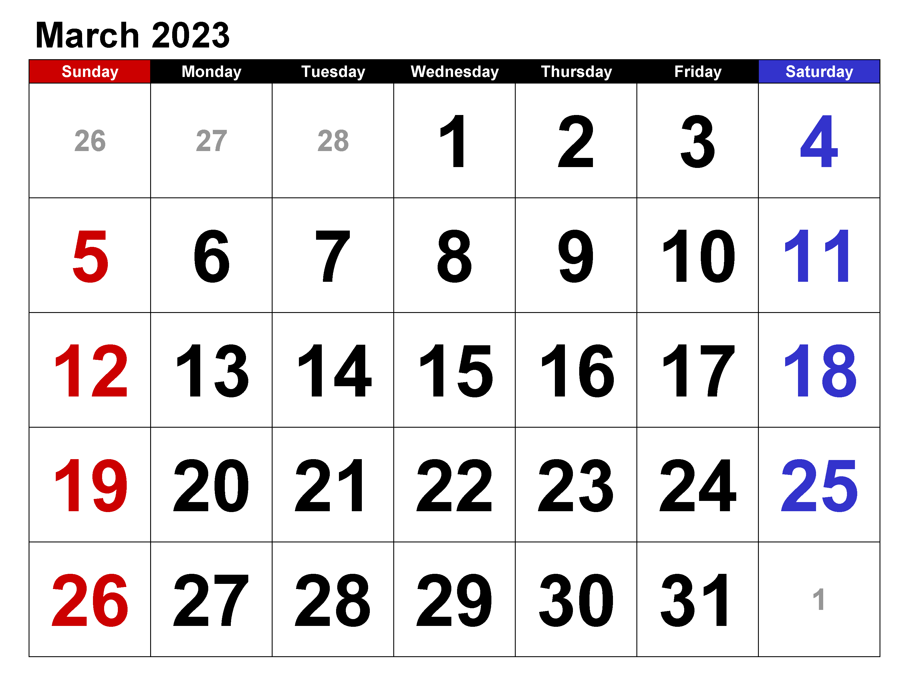 March 2023 Calendar New