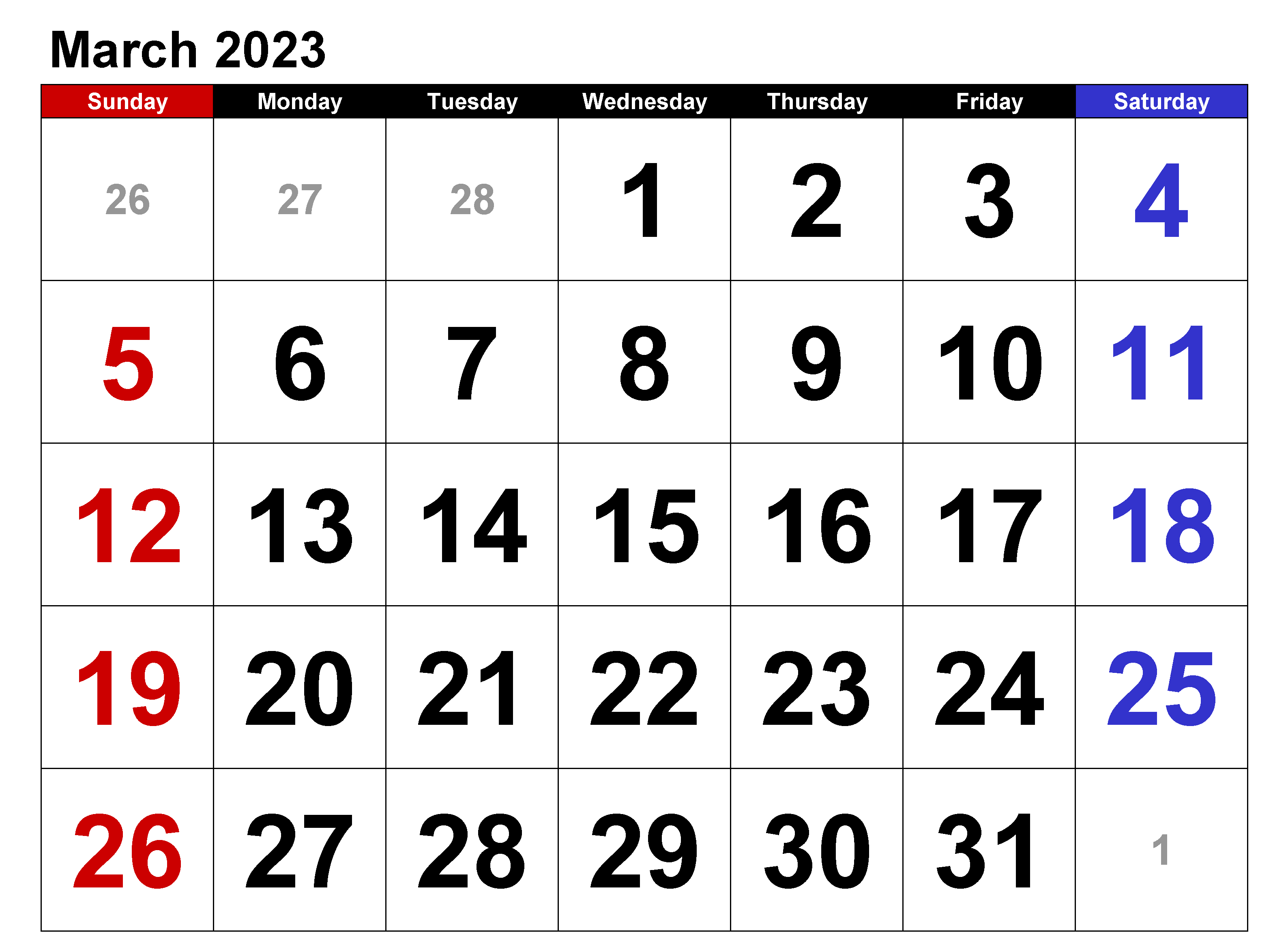 March 2023 Calendar With Holidays New