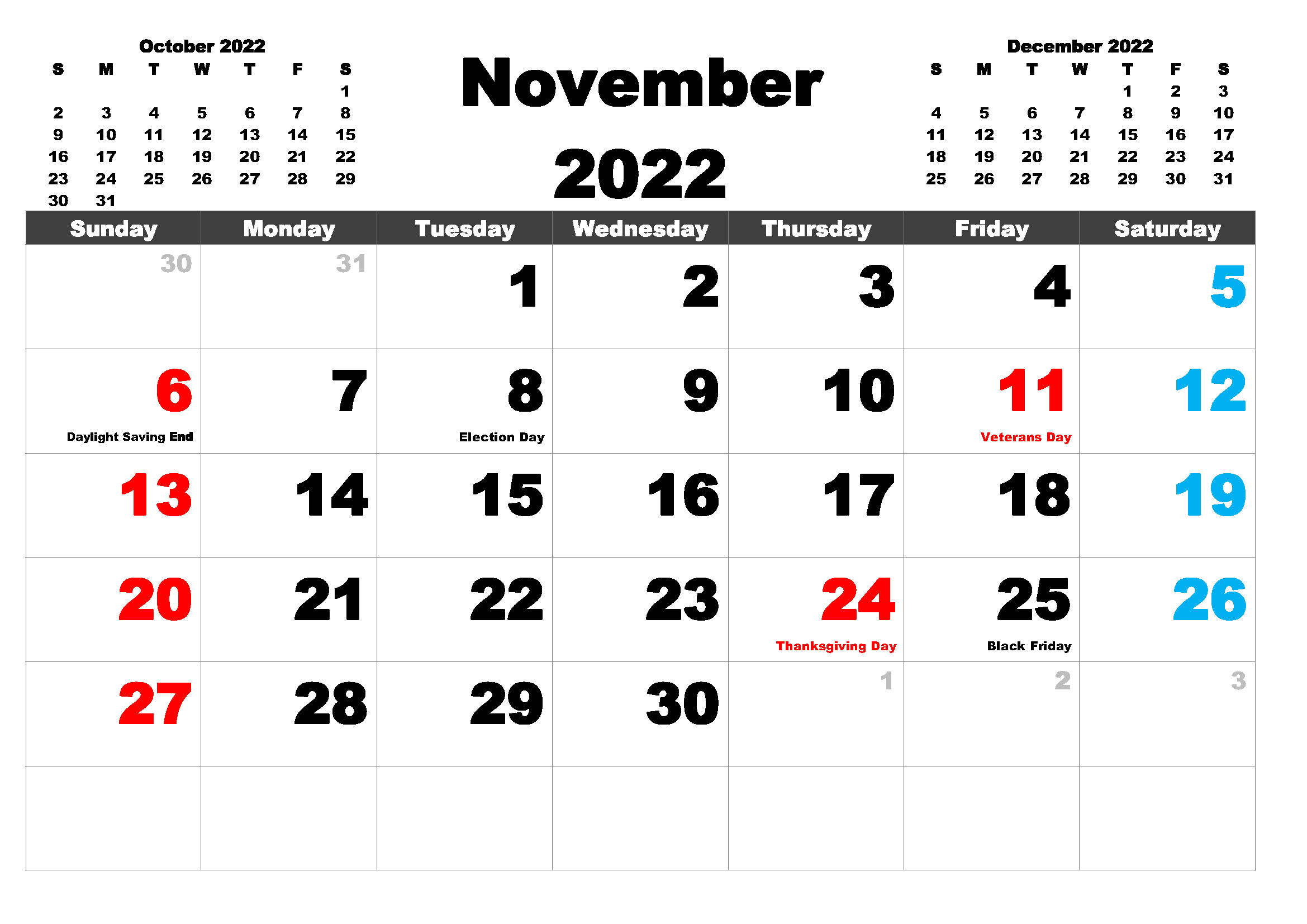 November 2022 Calendar With Holidays PDF