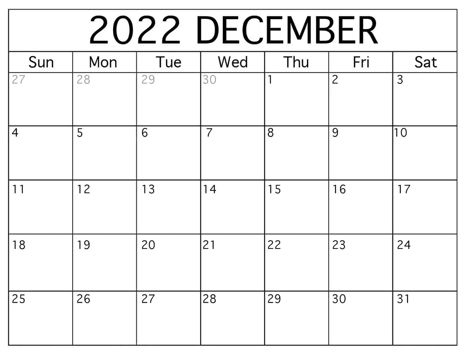 Printable 2022 December Calendar