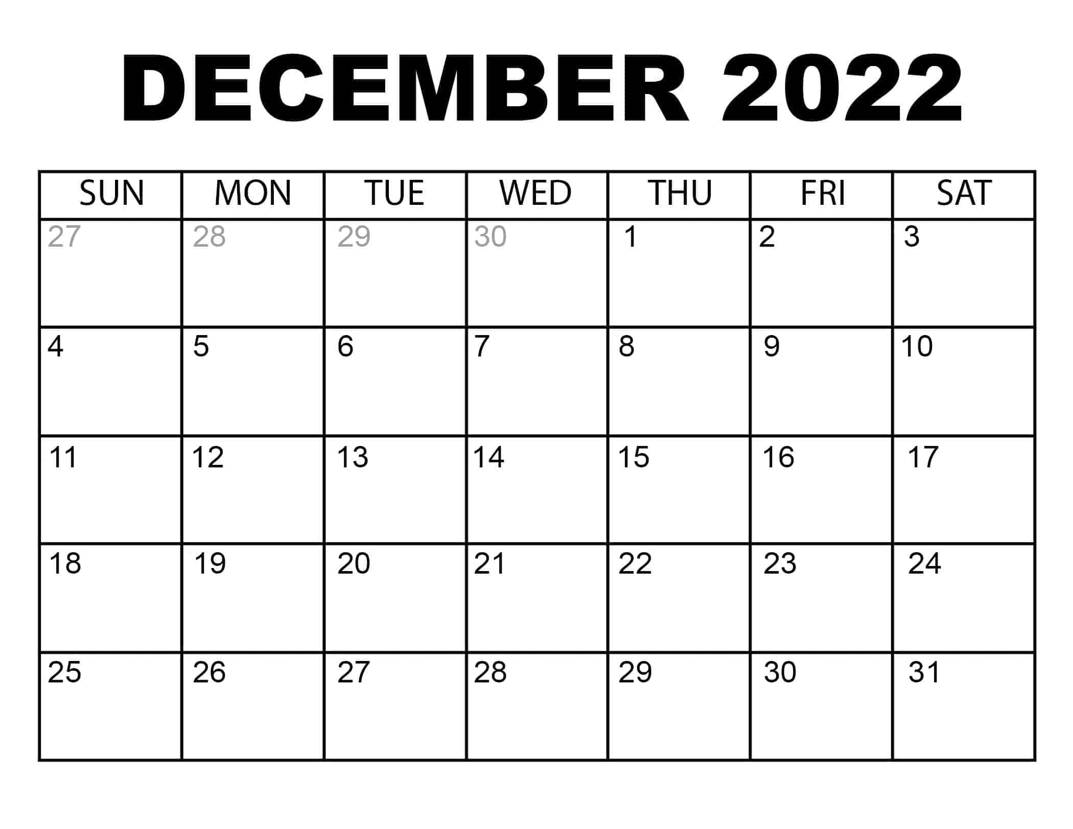 Printable December 2022 Calendar Template