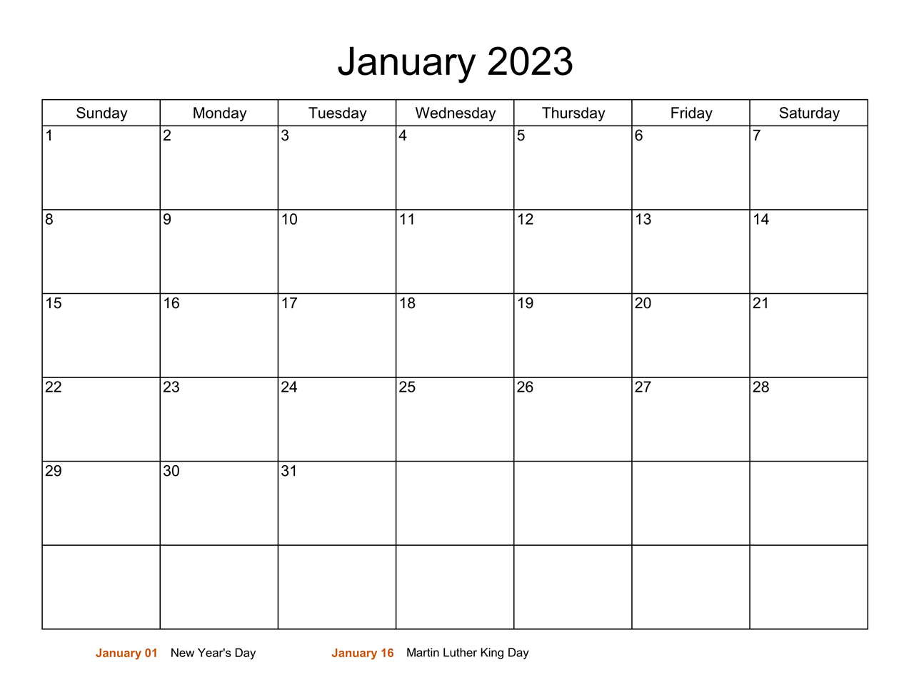 Printable January 2023 Calendar With Holidays