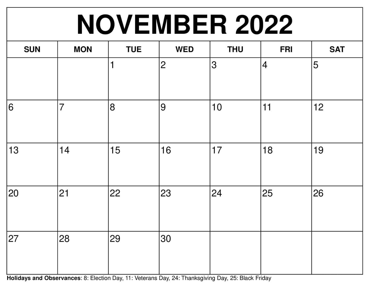 Printable November 2022 Calendar New