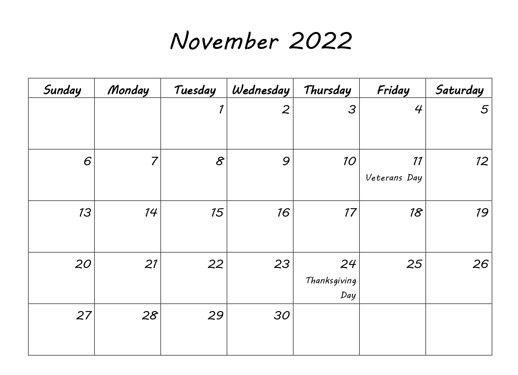 Printable November 2022 Calendar With Holidays