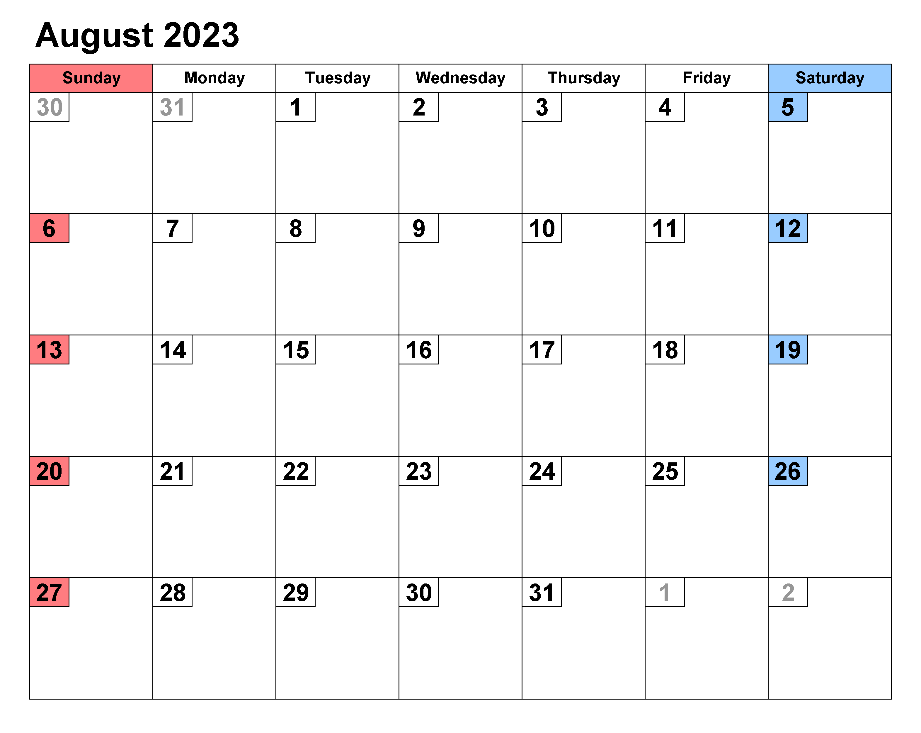 Blank August 2023 Calendar Excel