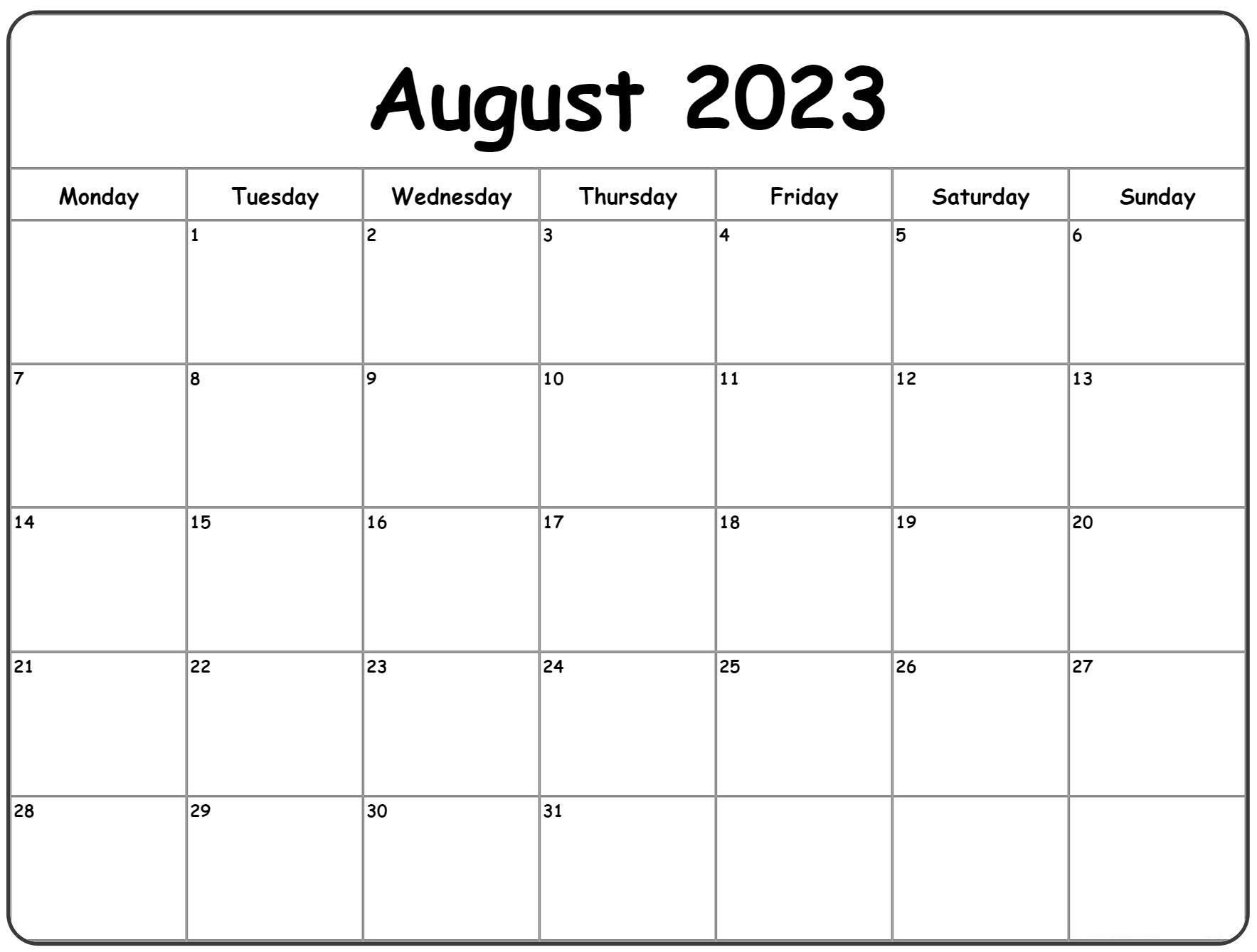 Blank August 2023 Calendar Template