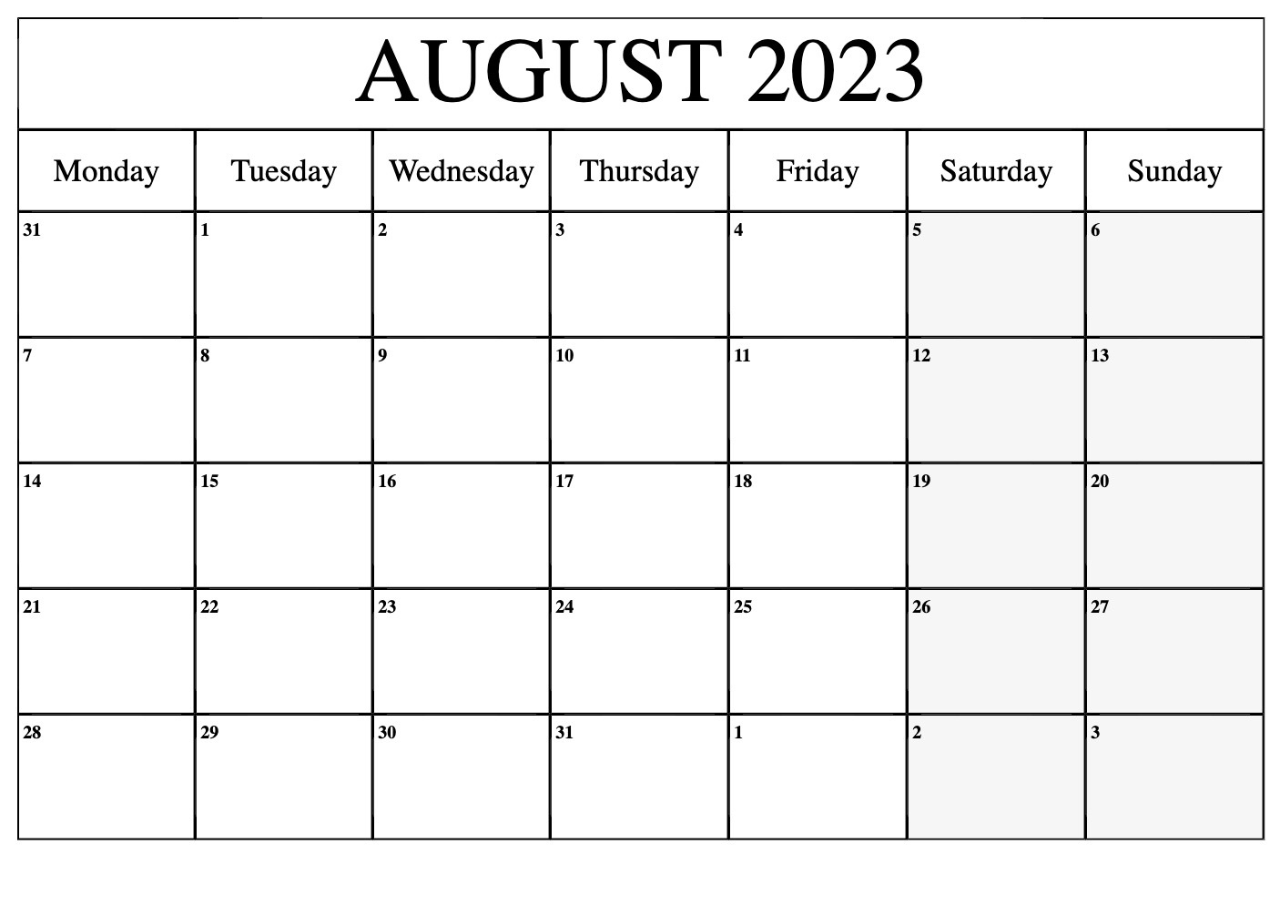 Blank August 2023 Calendar With Holidays