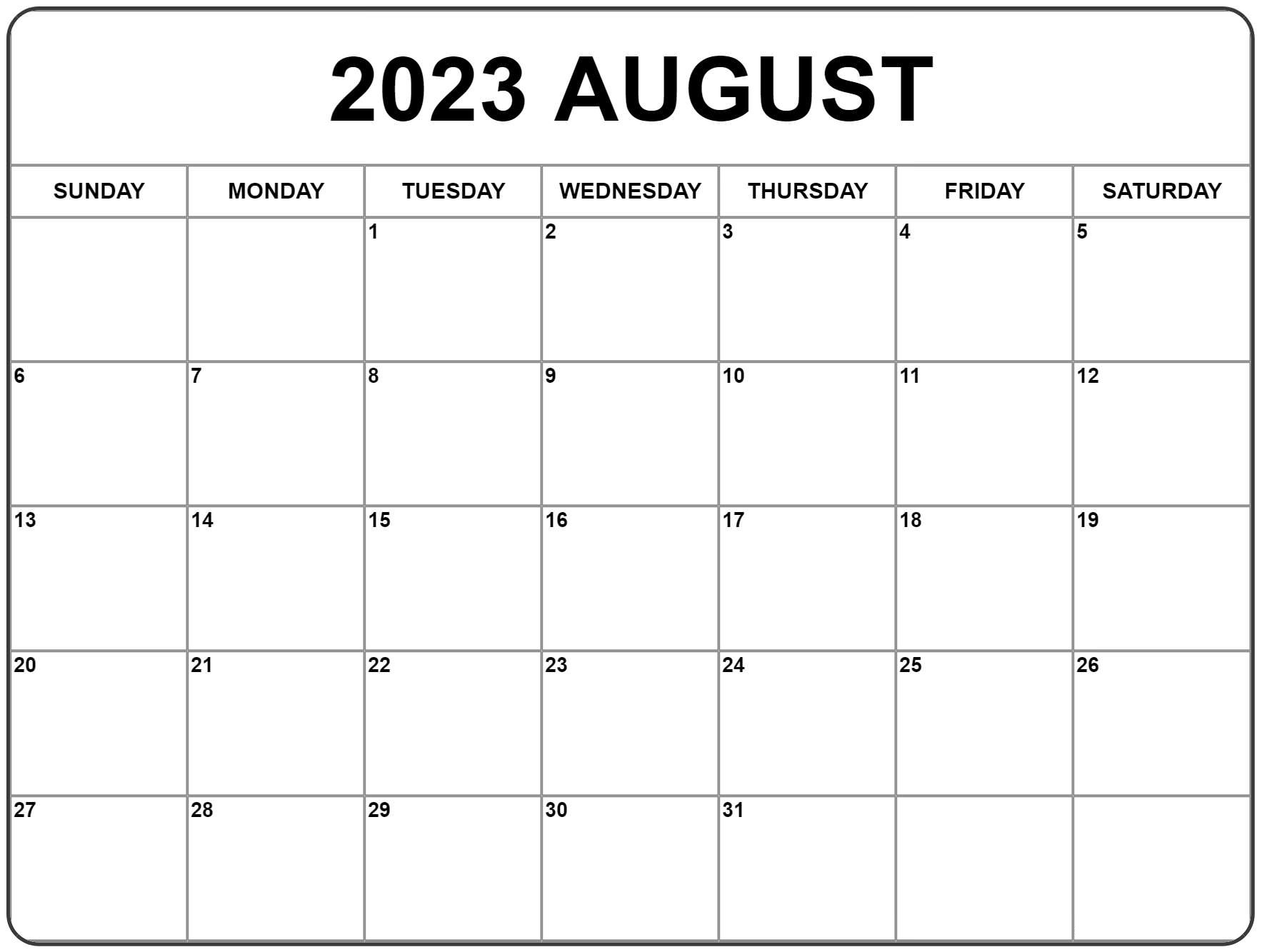Blank August 2023 Monthly Calendar