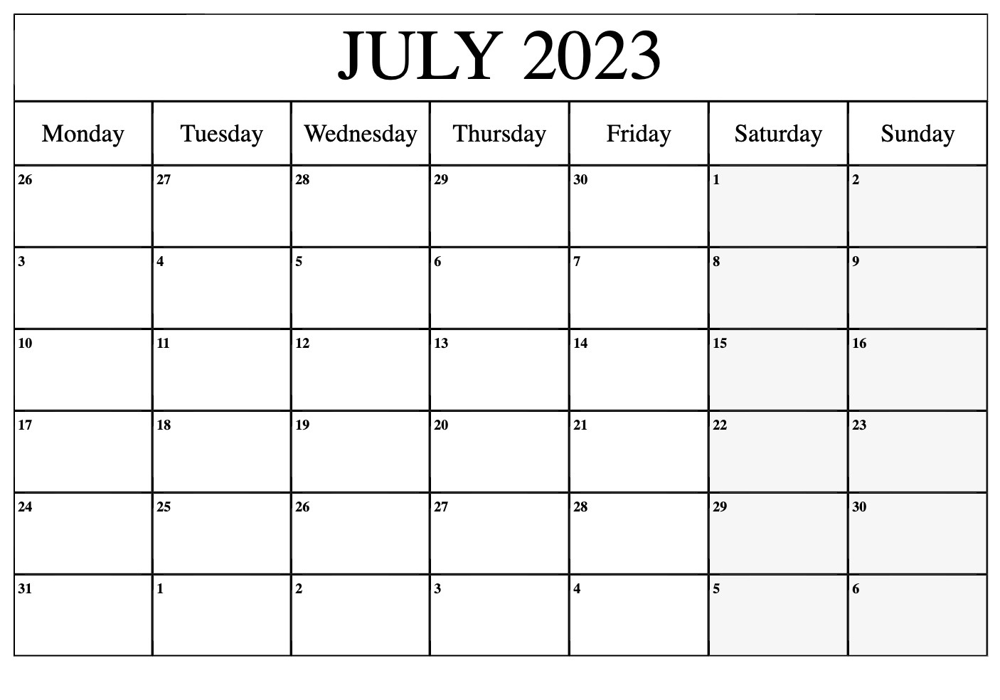 Blank July 2023 Calendar New