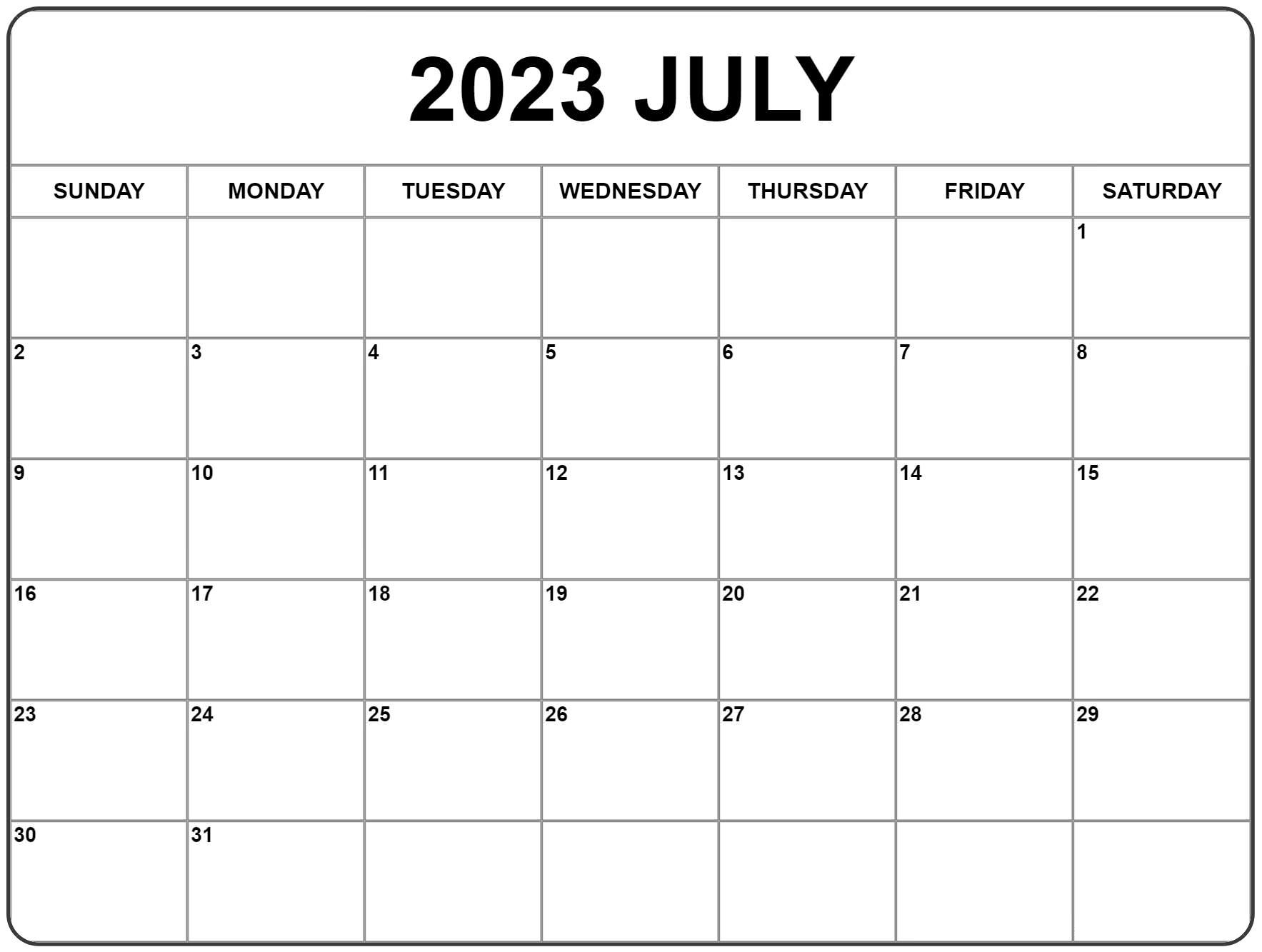Blank July 2023 Monthly Calendar