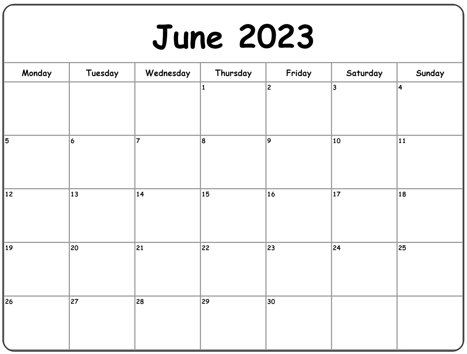 Blank June 2023 Calendar Word