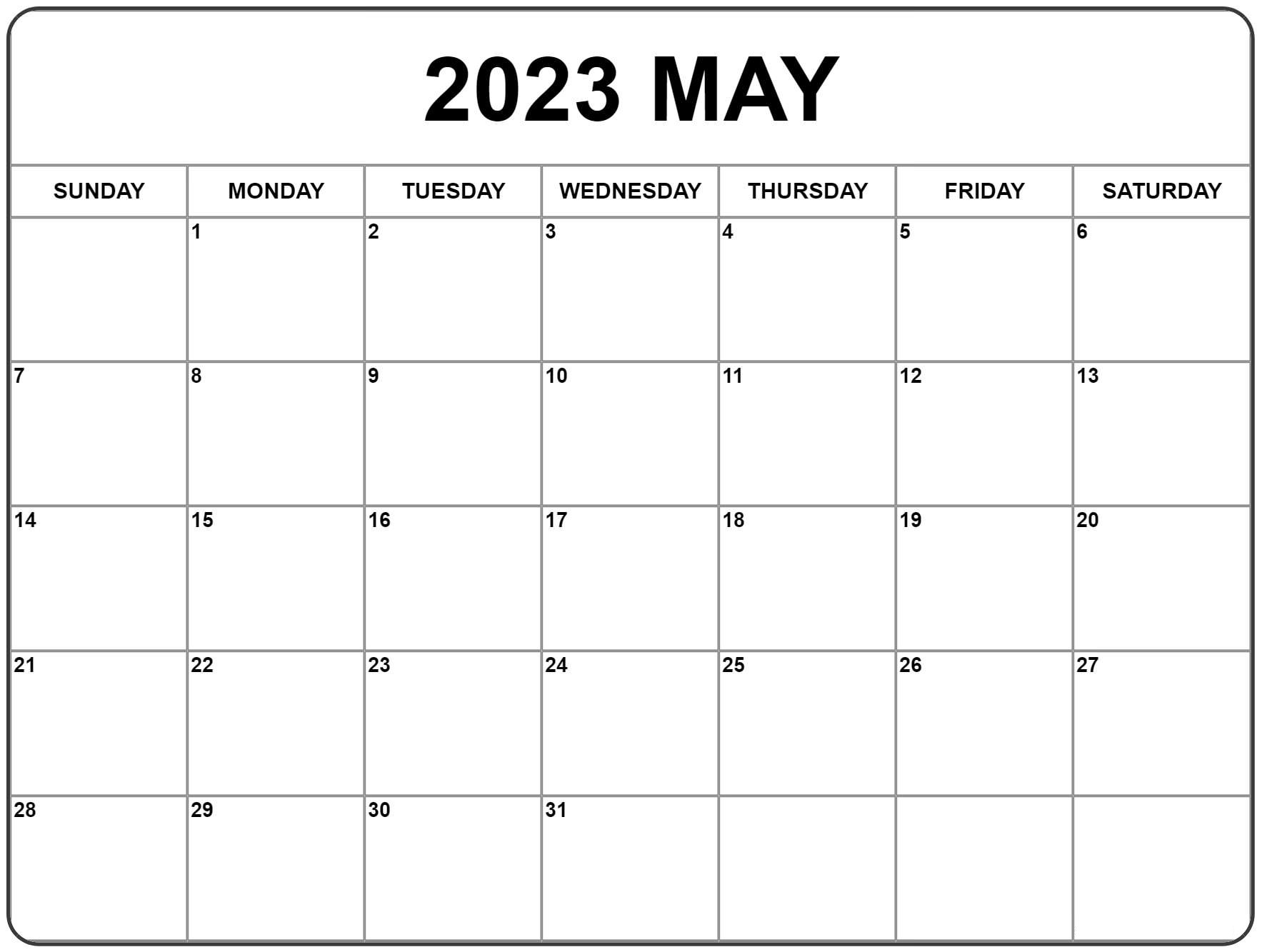 Blank May 2023 Calendar Excel