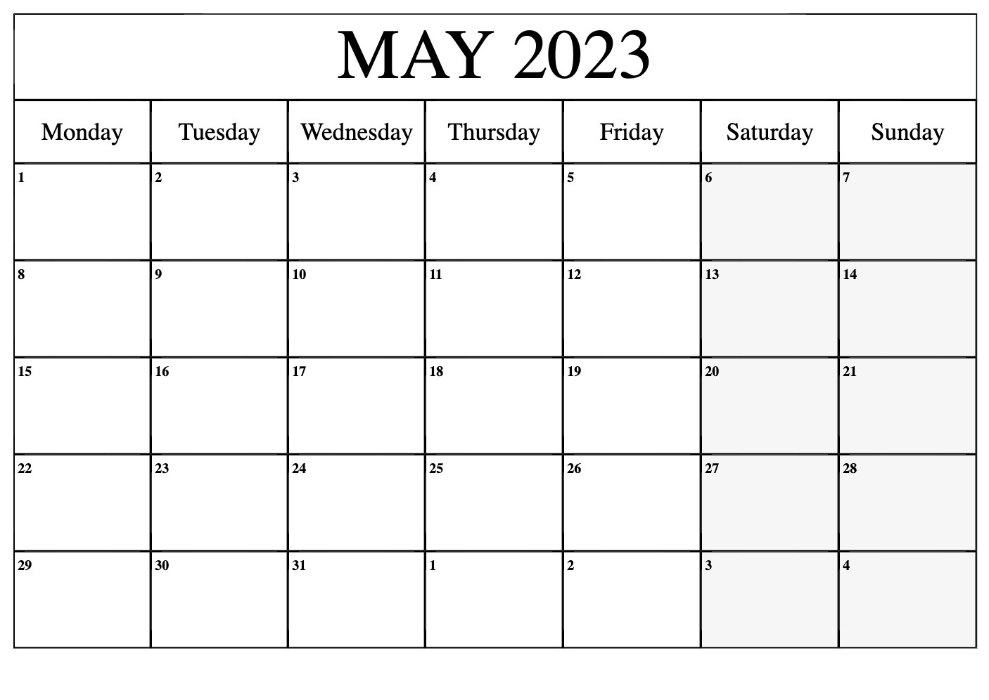 Blank May 2023 Calendar Word