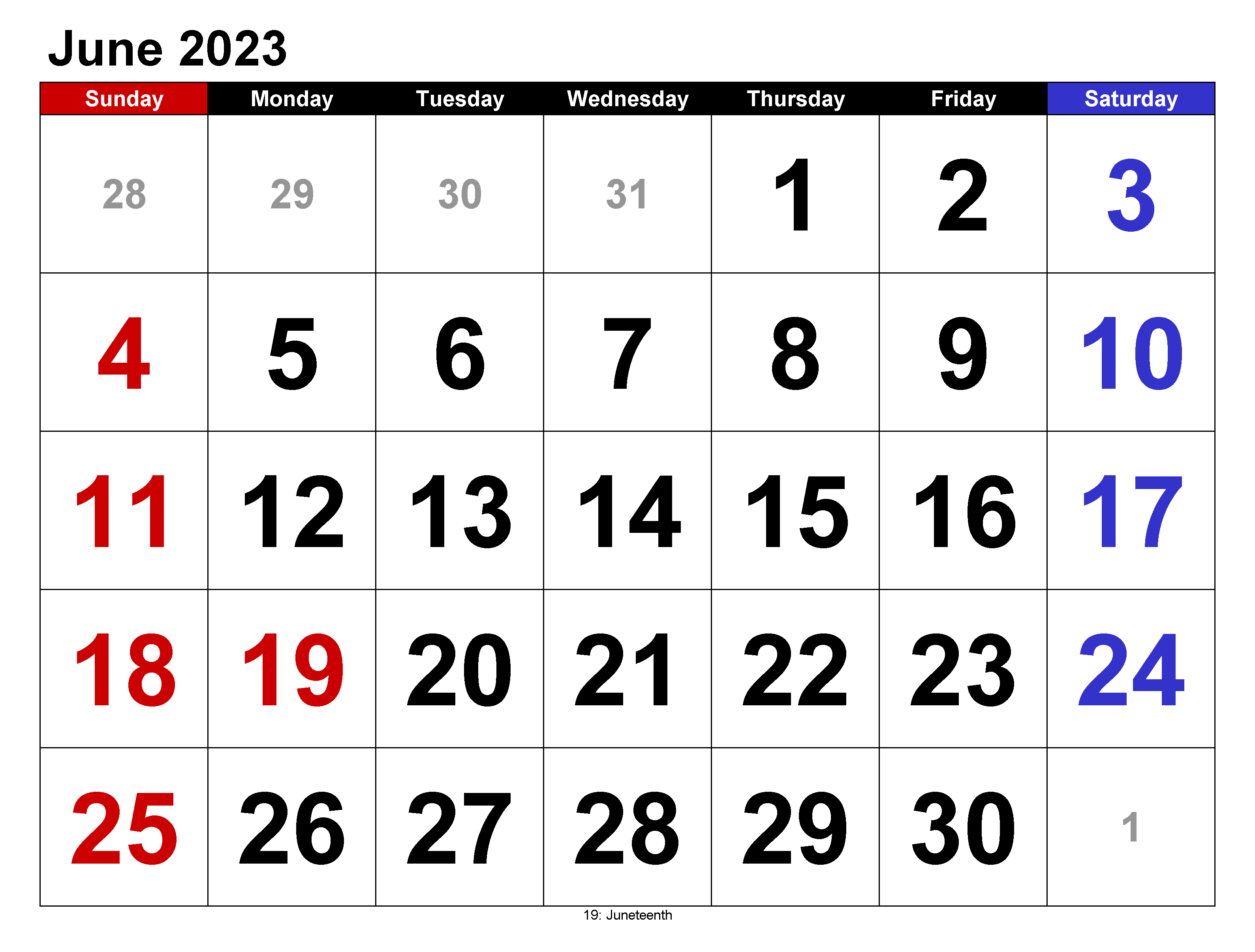 Blnak June 2023 Printable Calendar