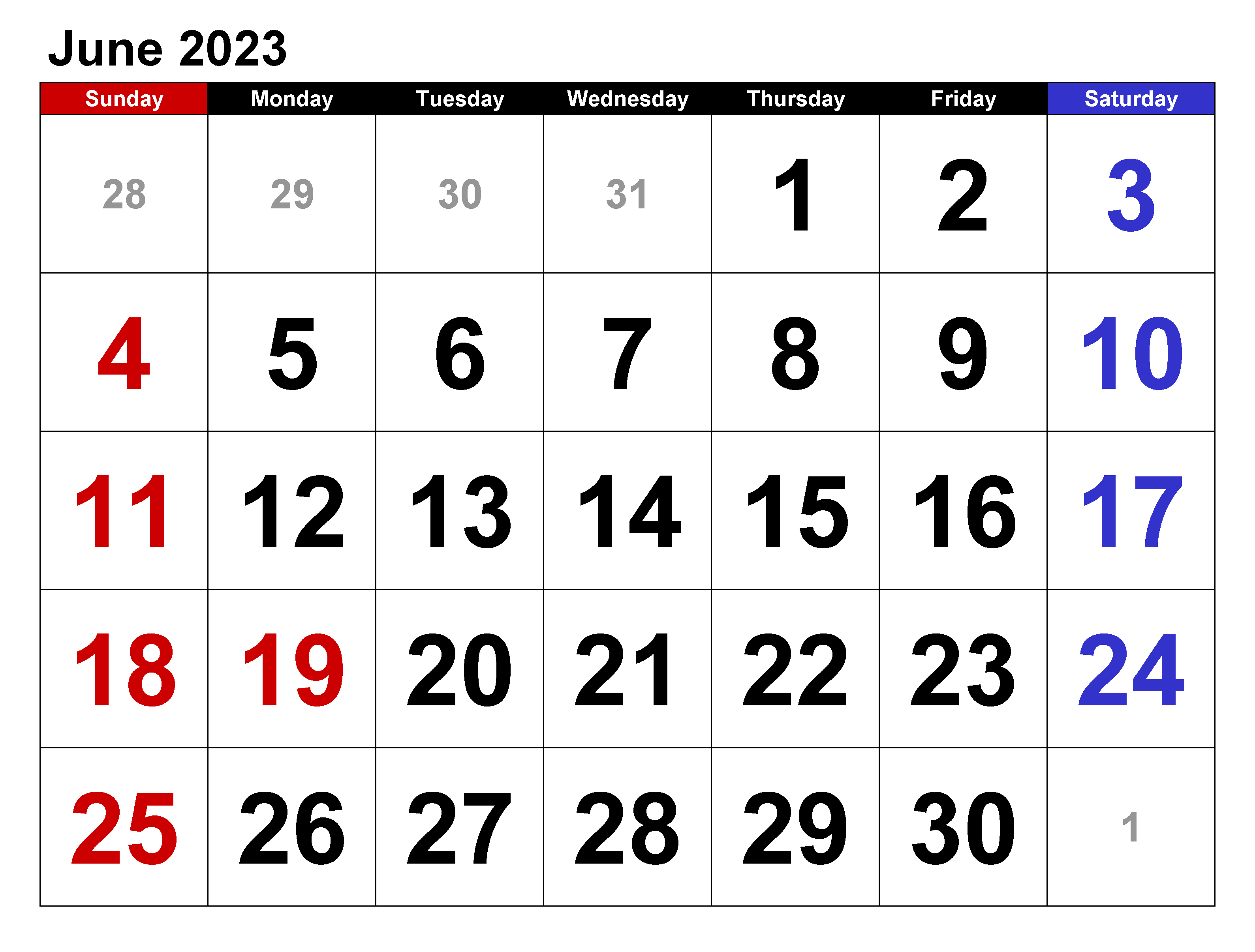 Cute June 2023 Calendar Word