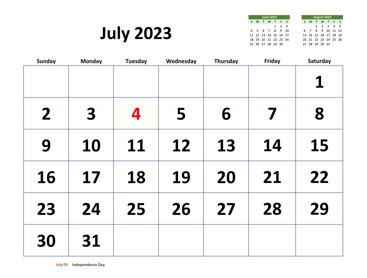 July 2023 Monthly Calendar