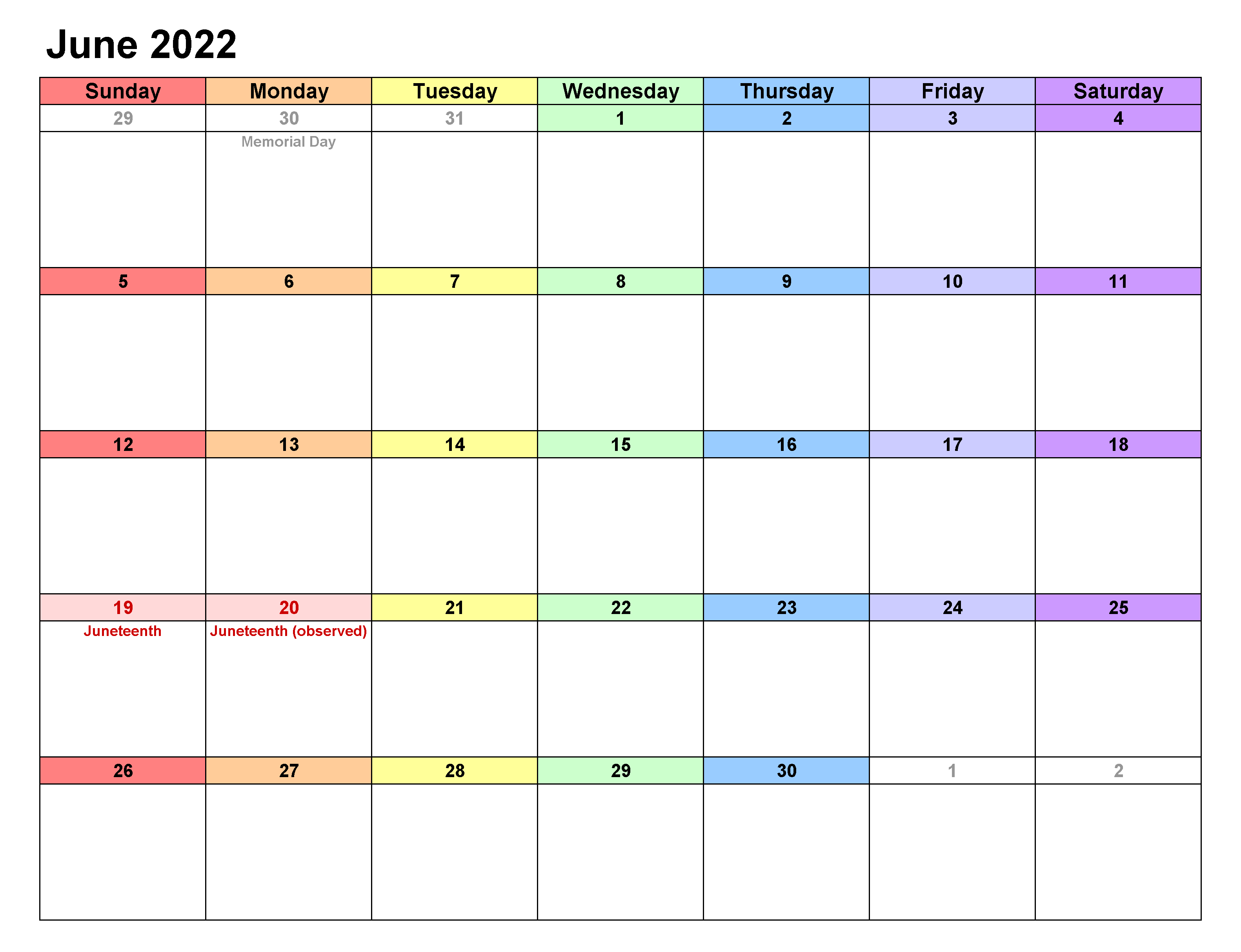 June Calendar 2022 Excel