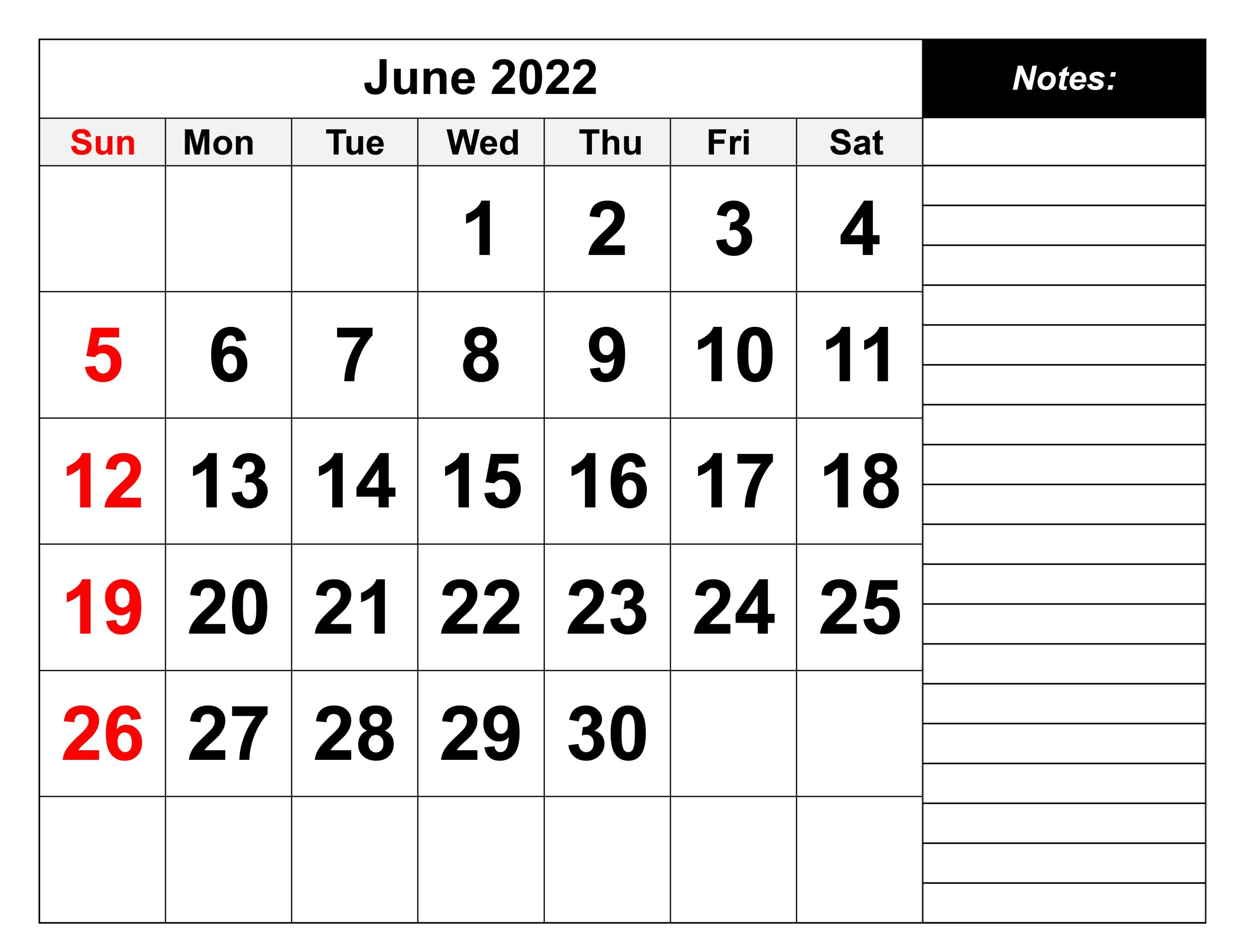 June Calendar 2022 With Notes