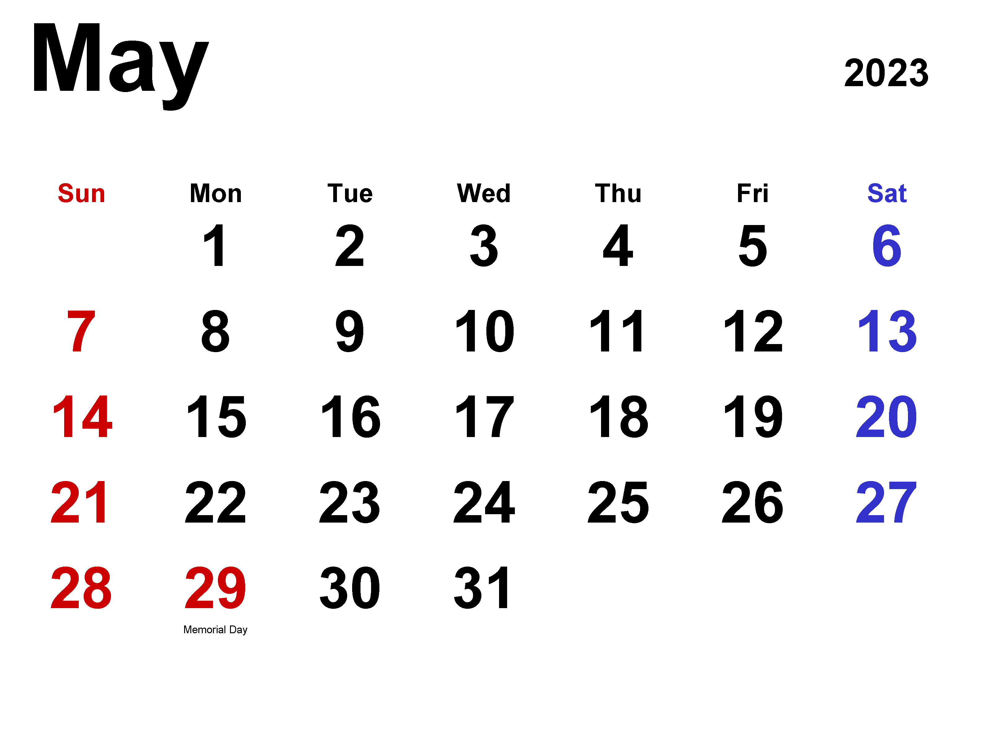 Latest May 2023 Printable Calendar