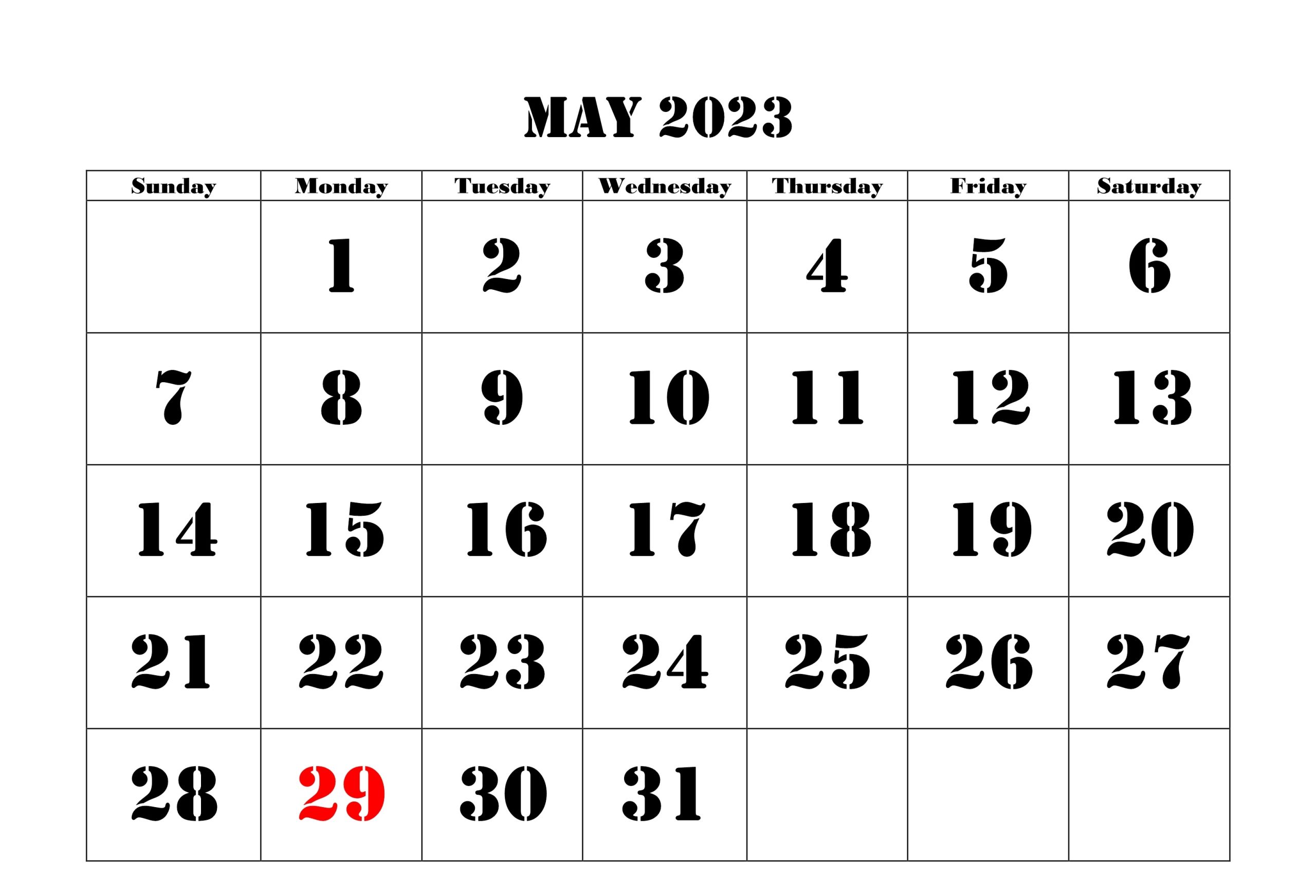 May 2023 Printable Calendar New