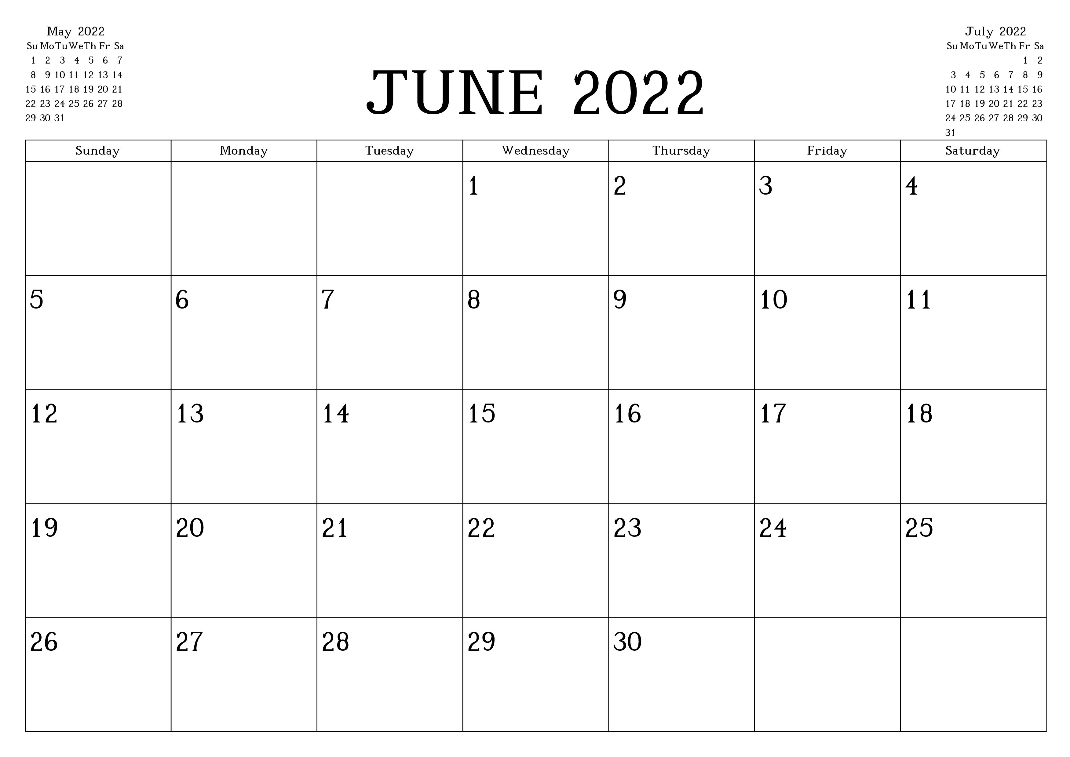 Monthly June Calendar 2022