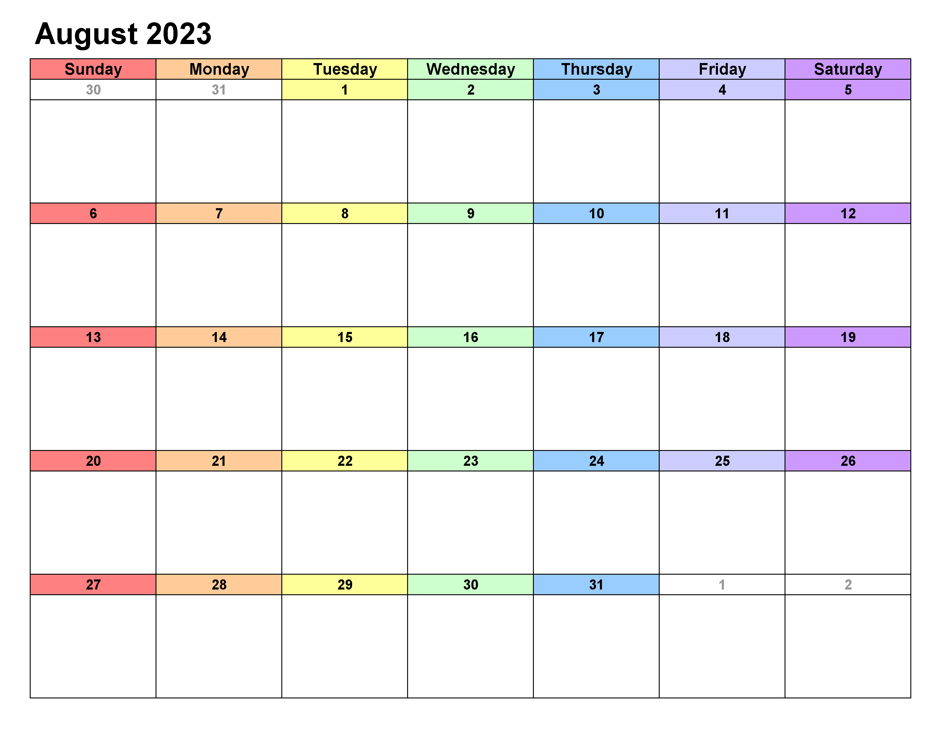 Printable August 2023 Calendar Excel