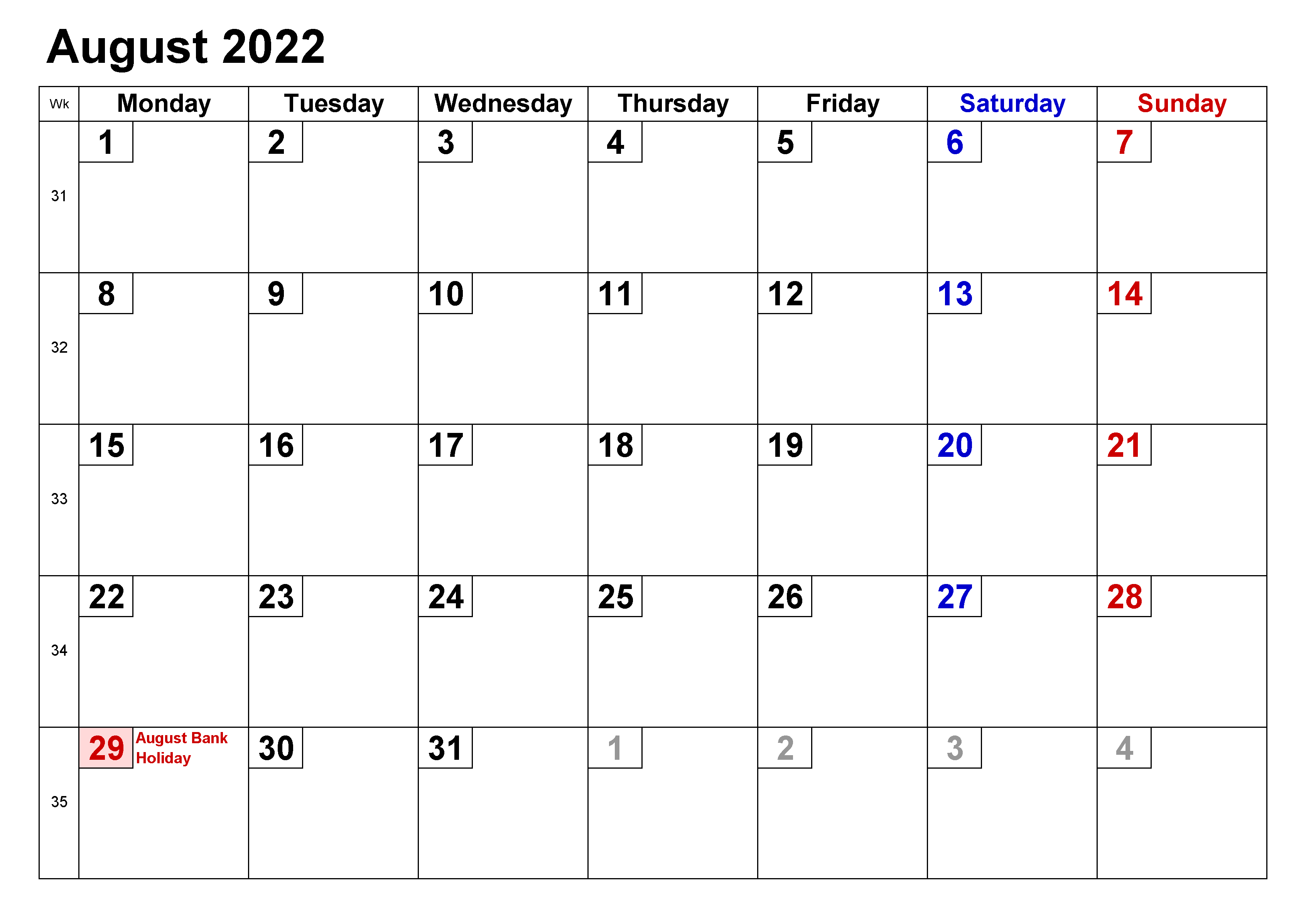 2022 August Calendar Excel