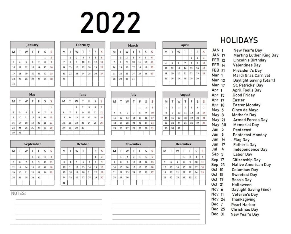 2022 Calendar With Holidays Excel