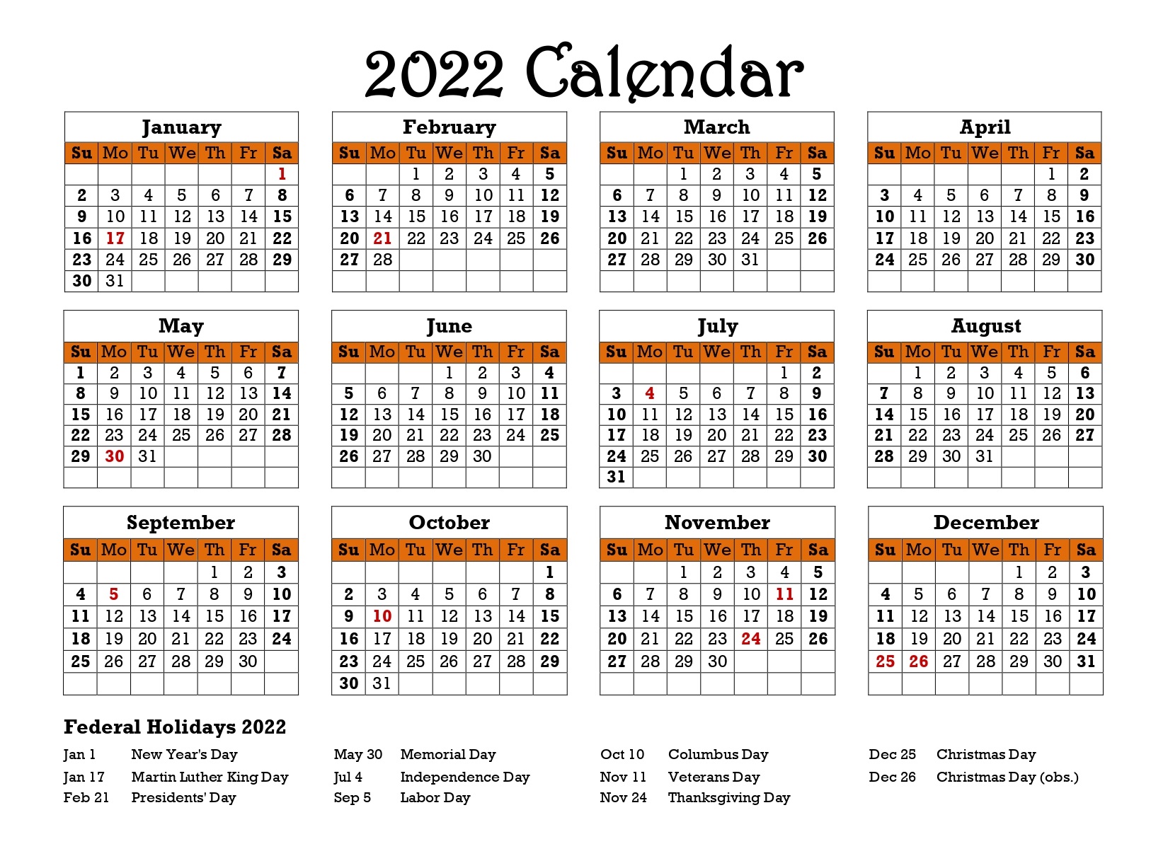 2022 Calendar With Holidays PDF