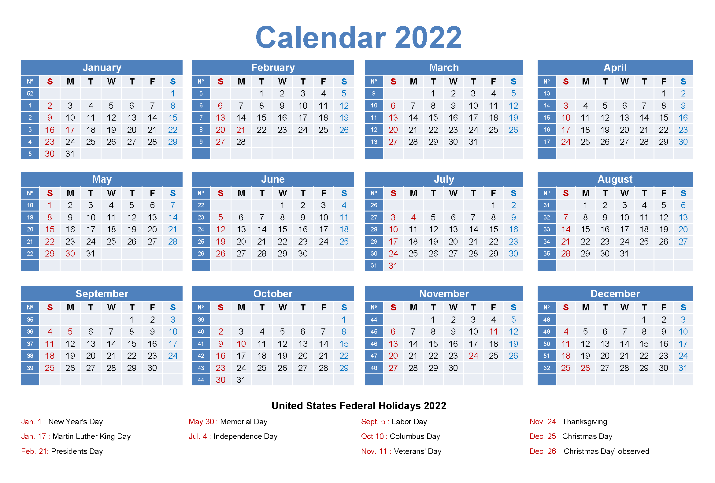 2022 Calendar With Holidays USA