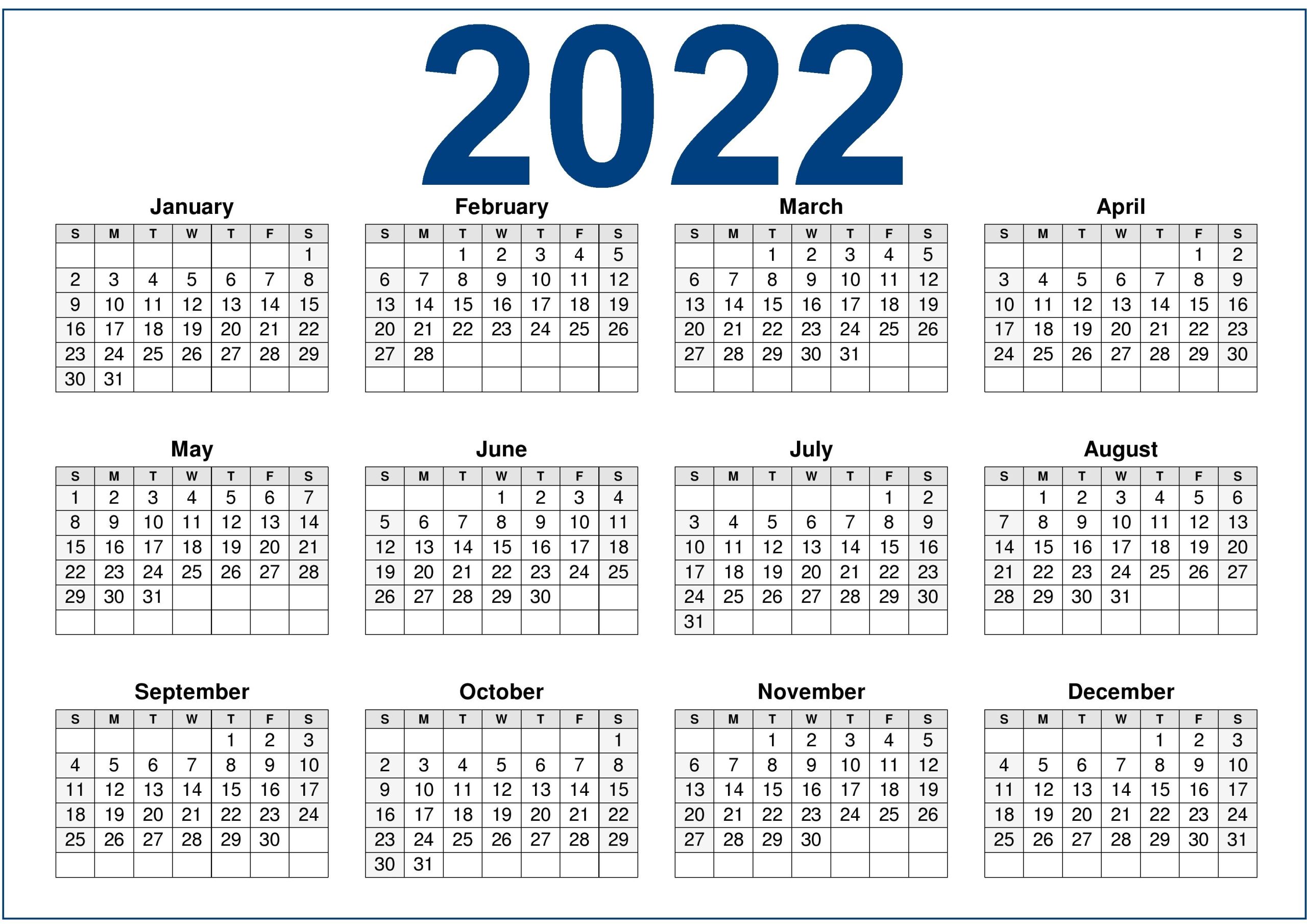 2022 Year Calendar