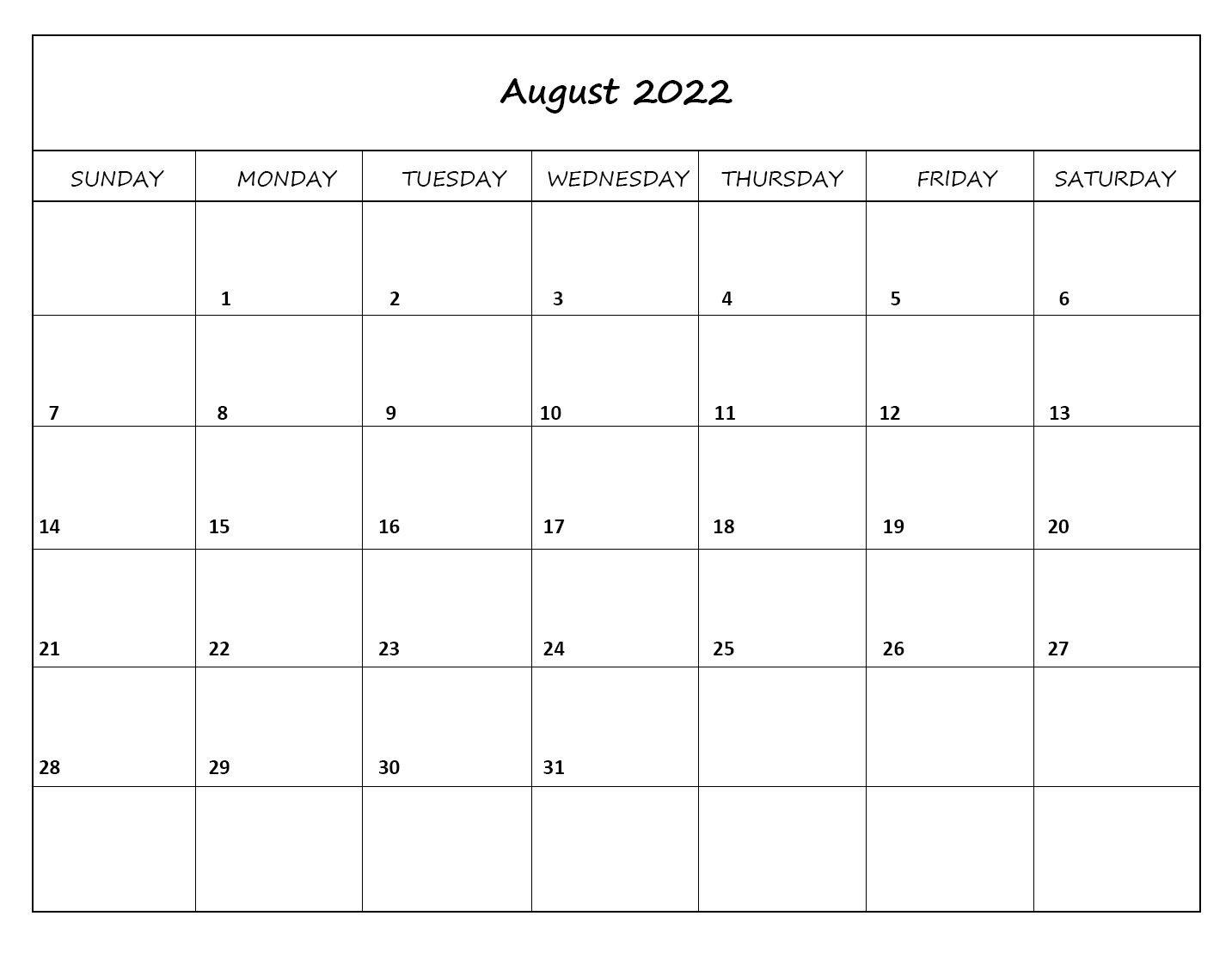 August 2022 Calendar Excel Template