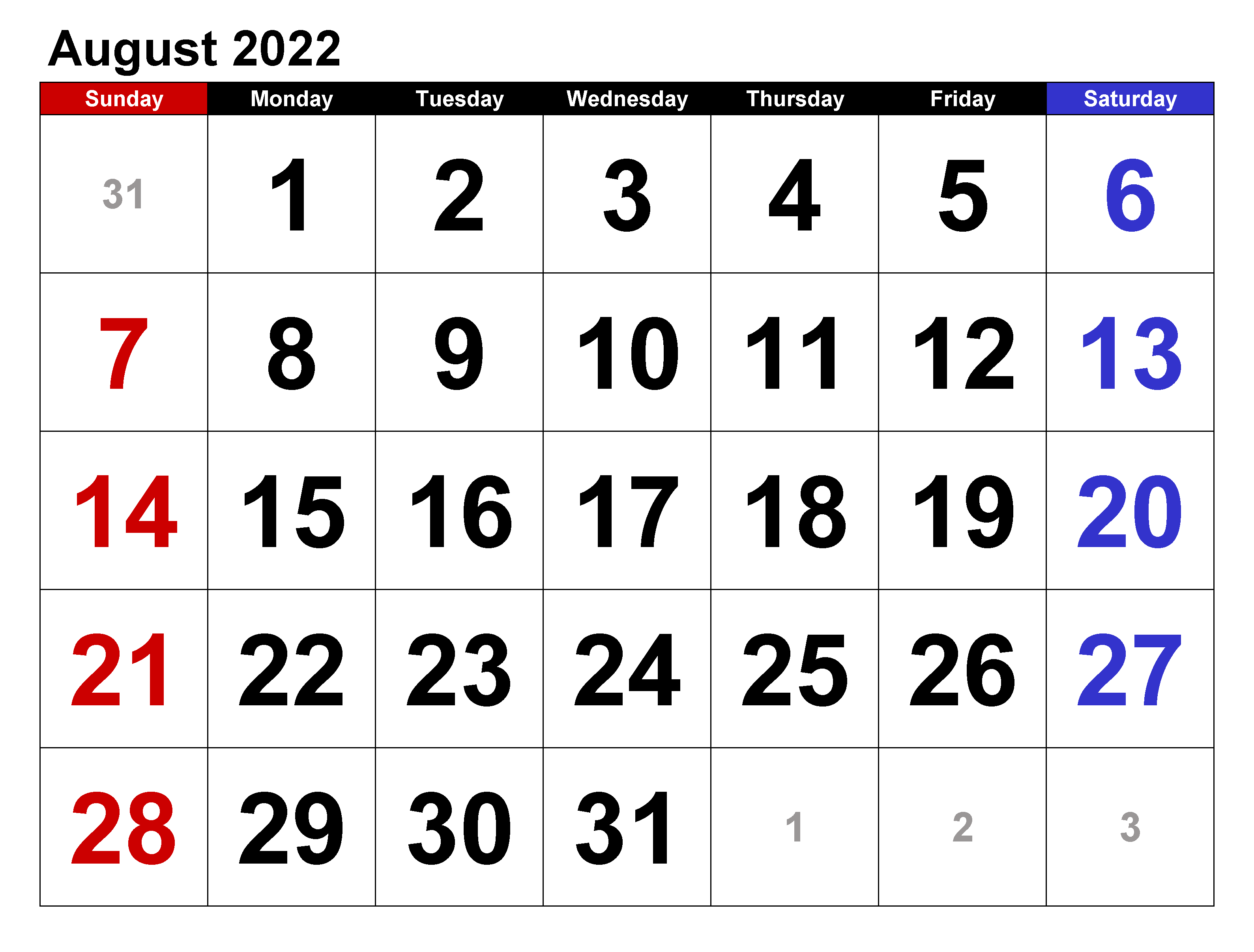 August 2022 Calendar Excel With Holidays