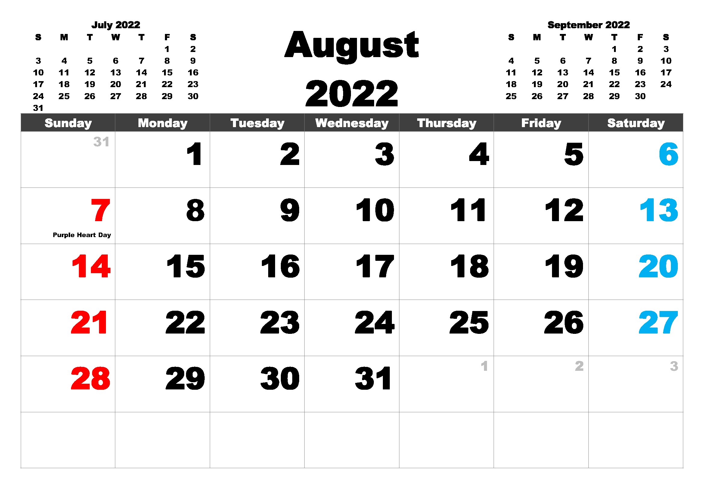 August 2022 Monthly Calendar Excel