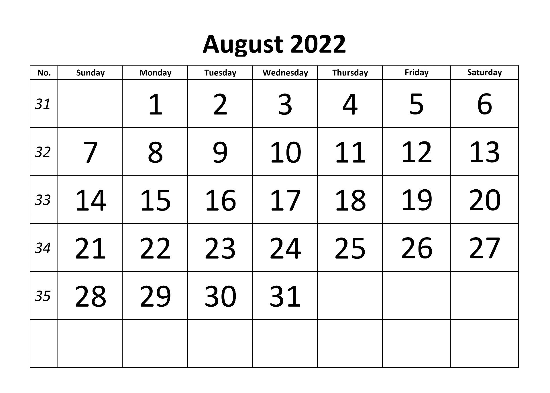 August 2022 Monthly Calendar Word