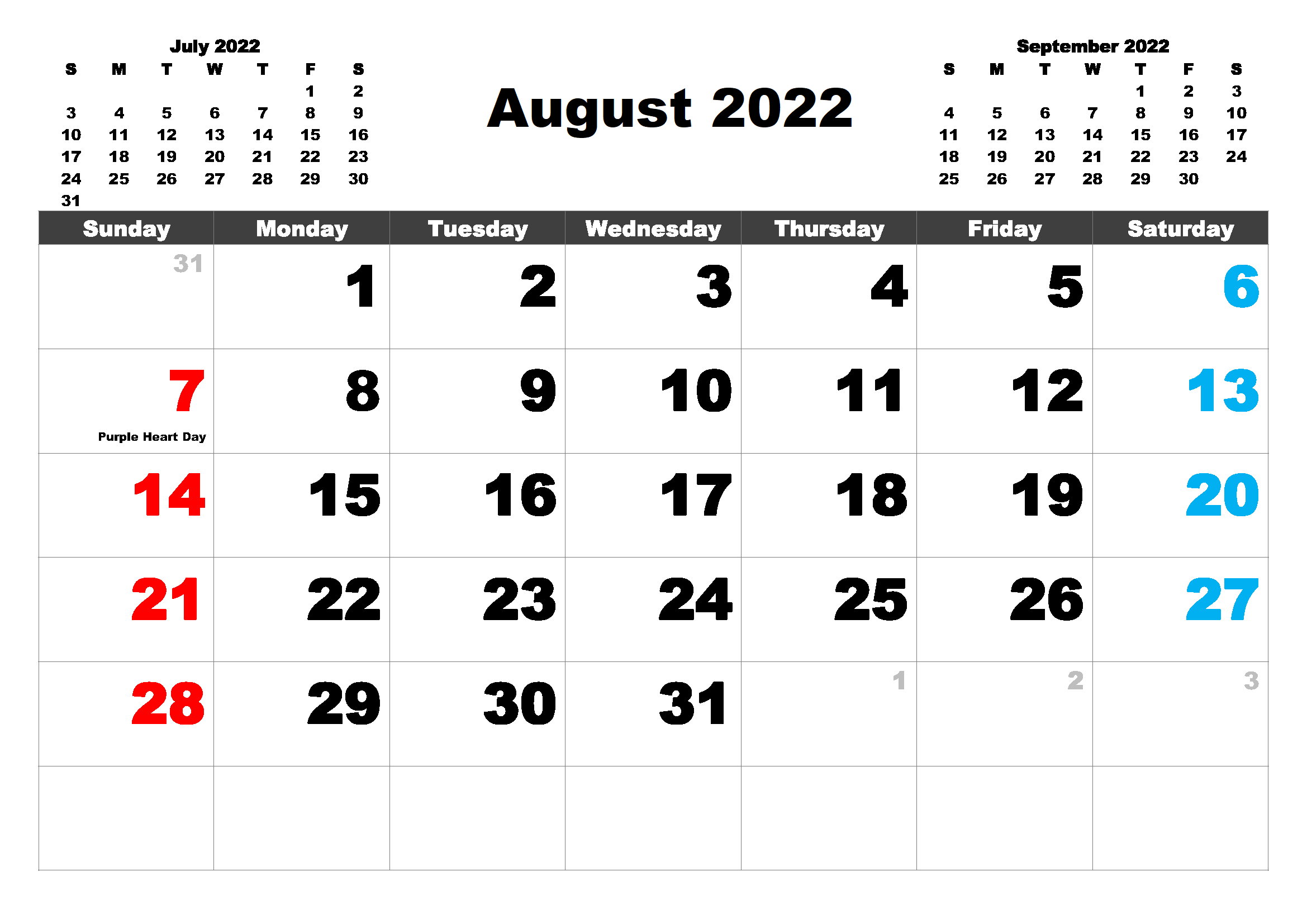 August Calendar 2022 Excel