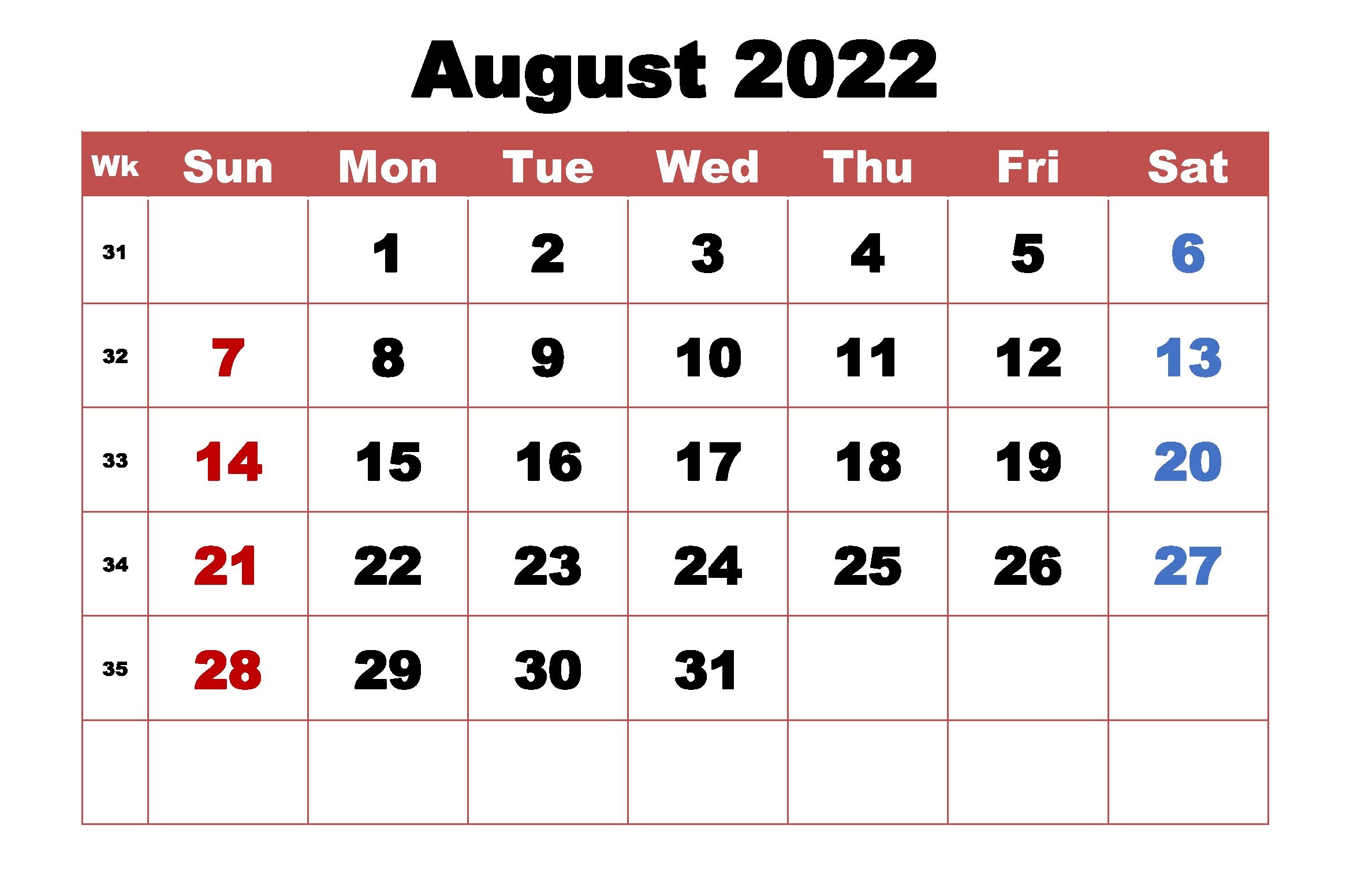 August Calendar 2022 Template