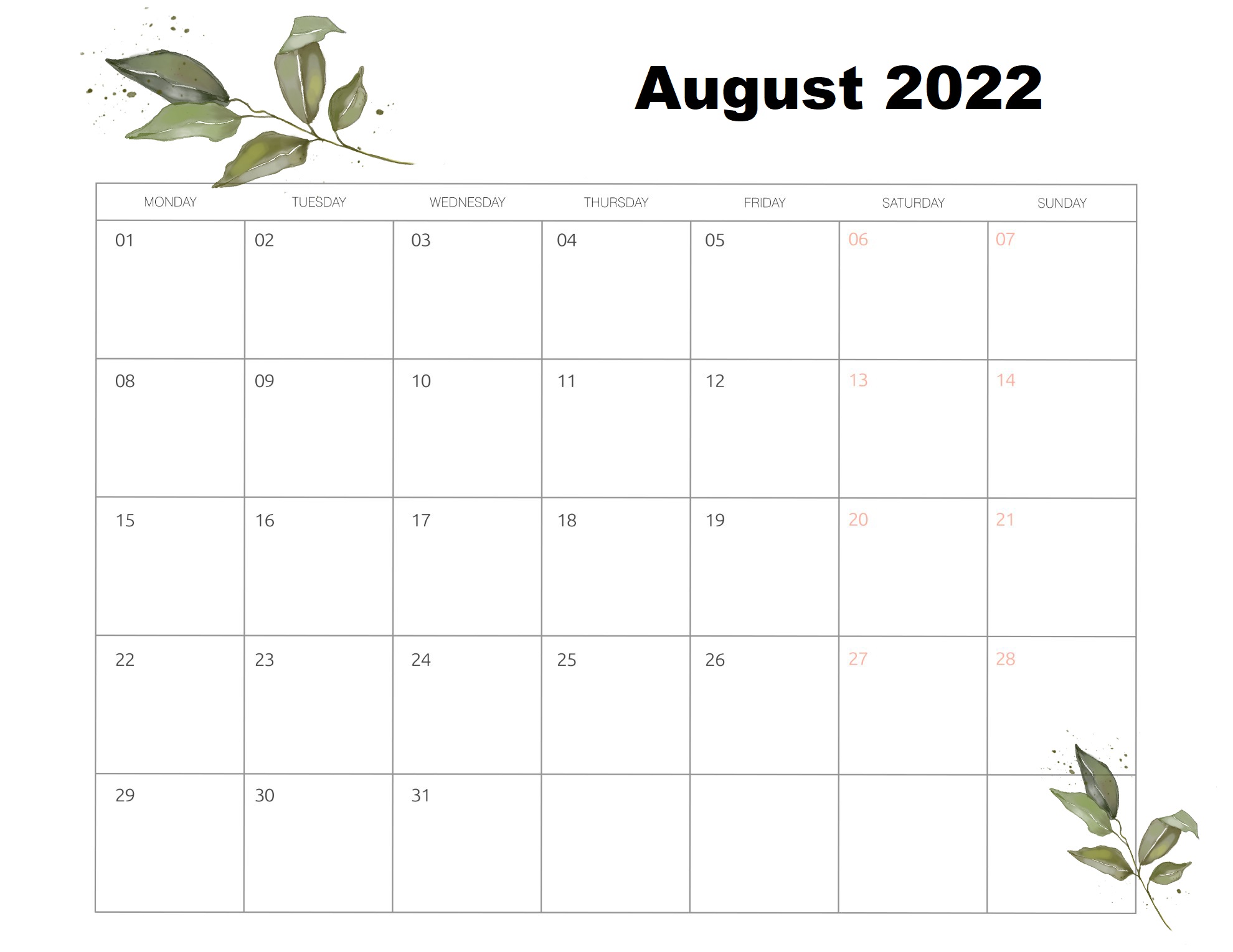 August Calendar 2022 Word