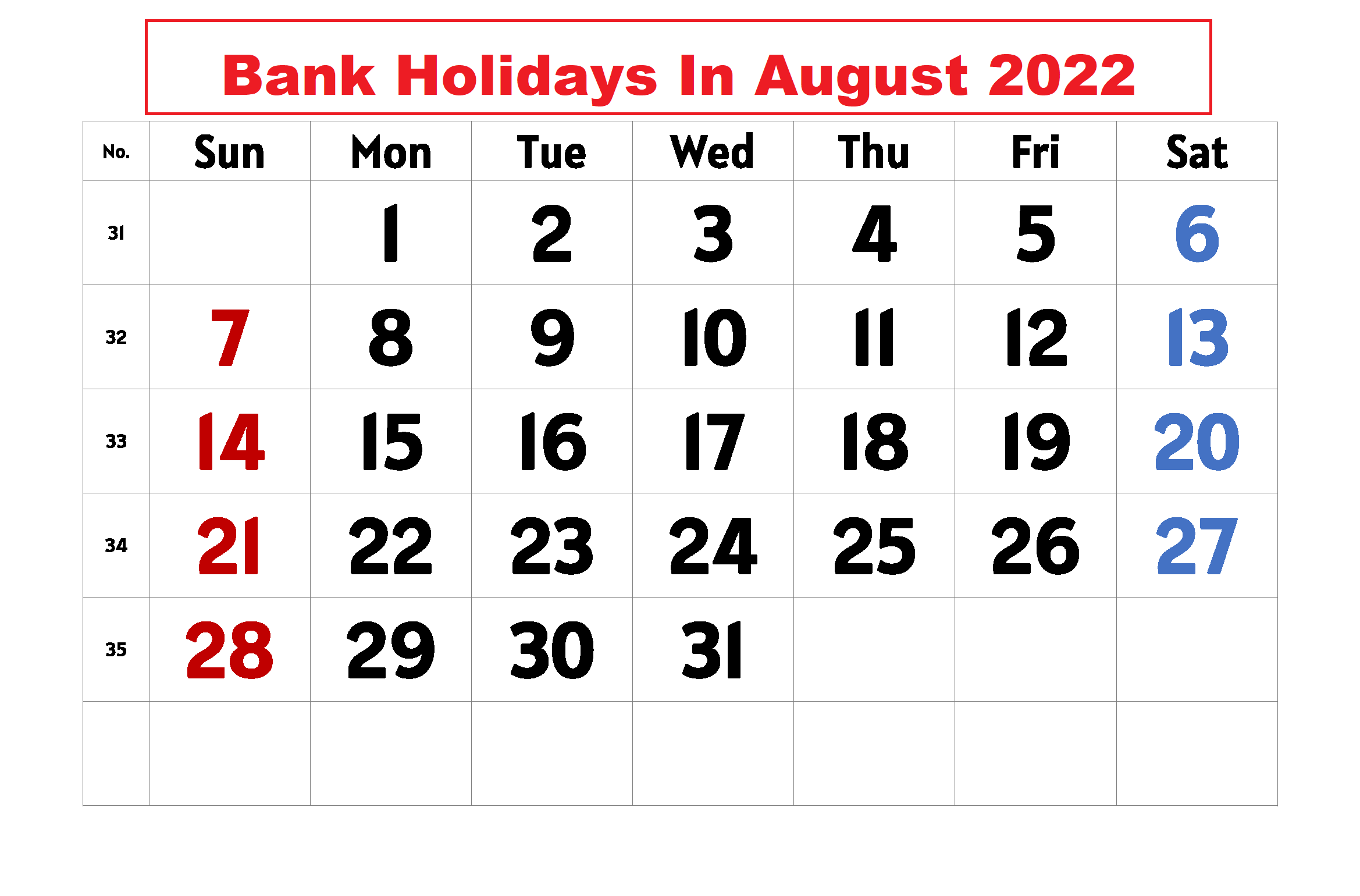 Bank Holidays In August 2022