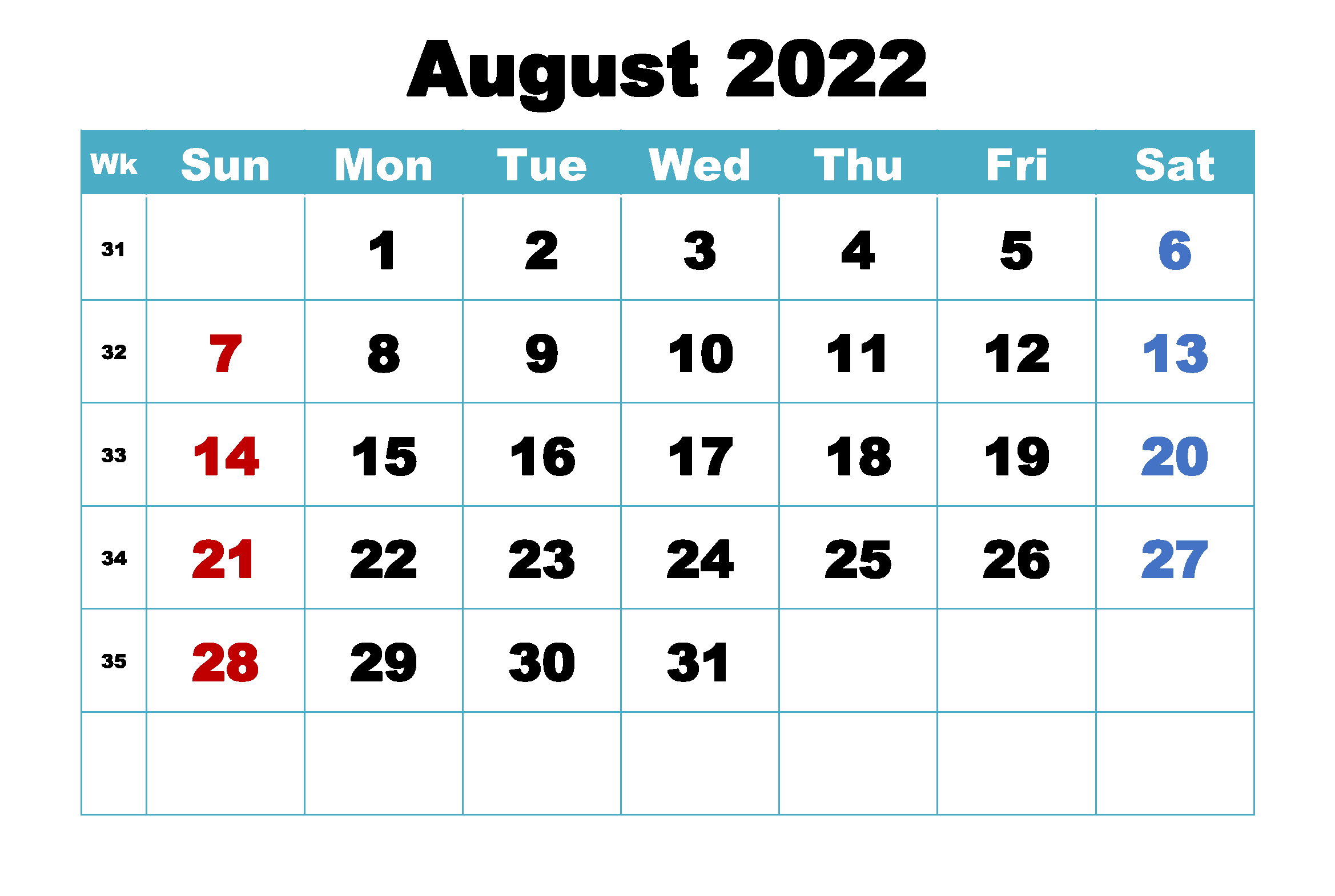 Blank August 2022 Calendar Excel