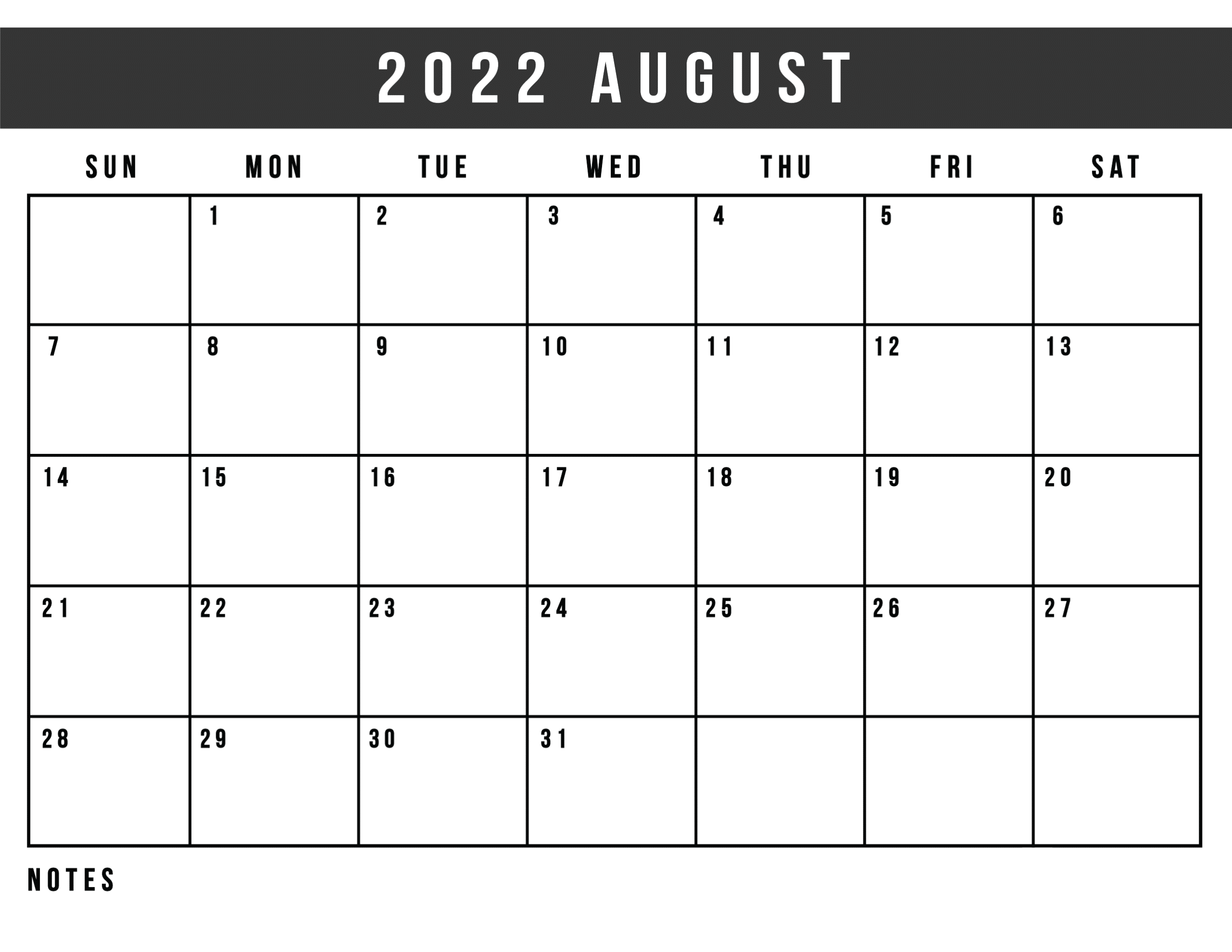 Blank August 2022 Calendar Word