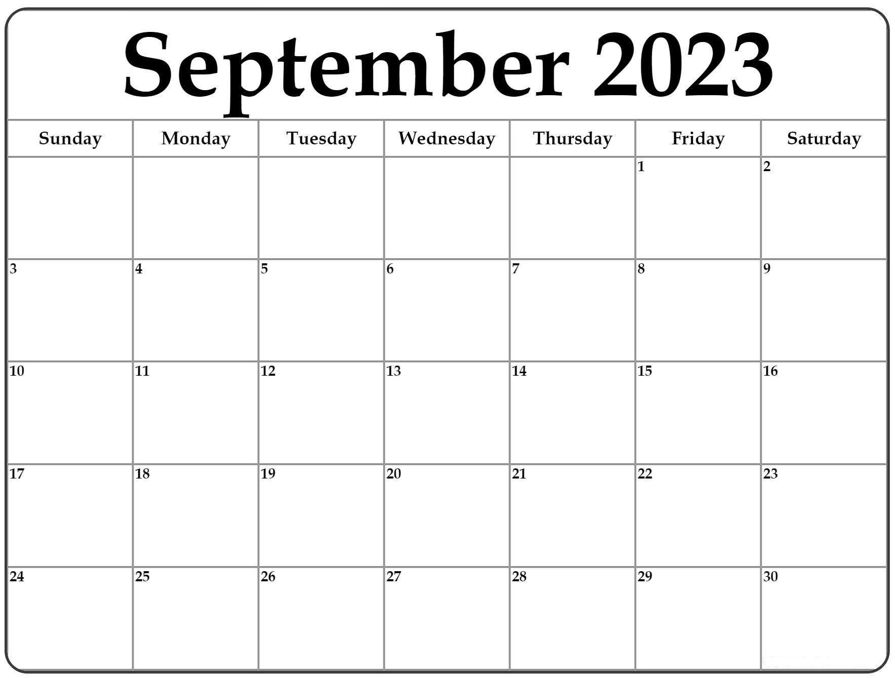Blank September 2023 Calendar With Holidays