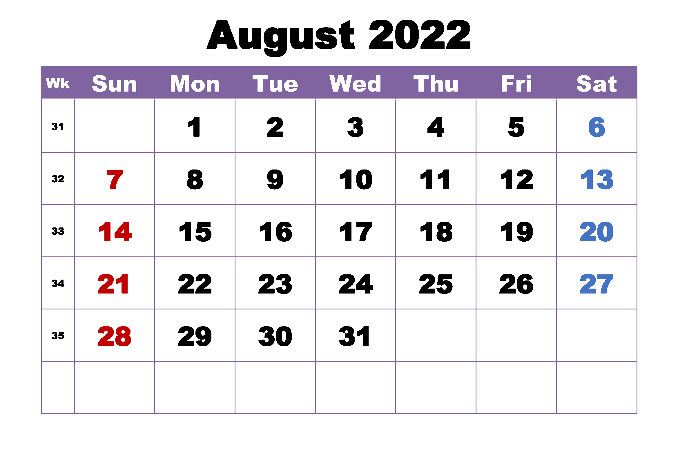 Cute August 2022 Calendar Word