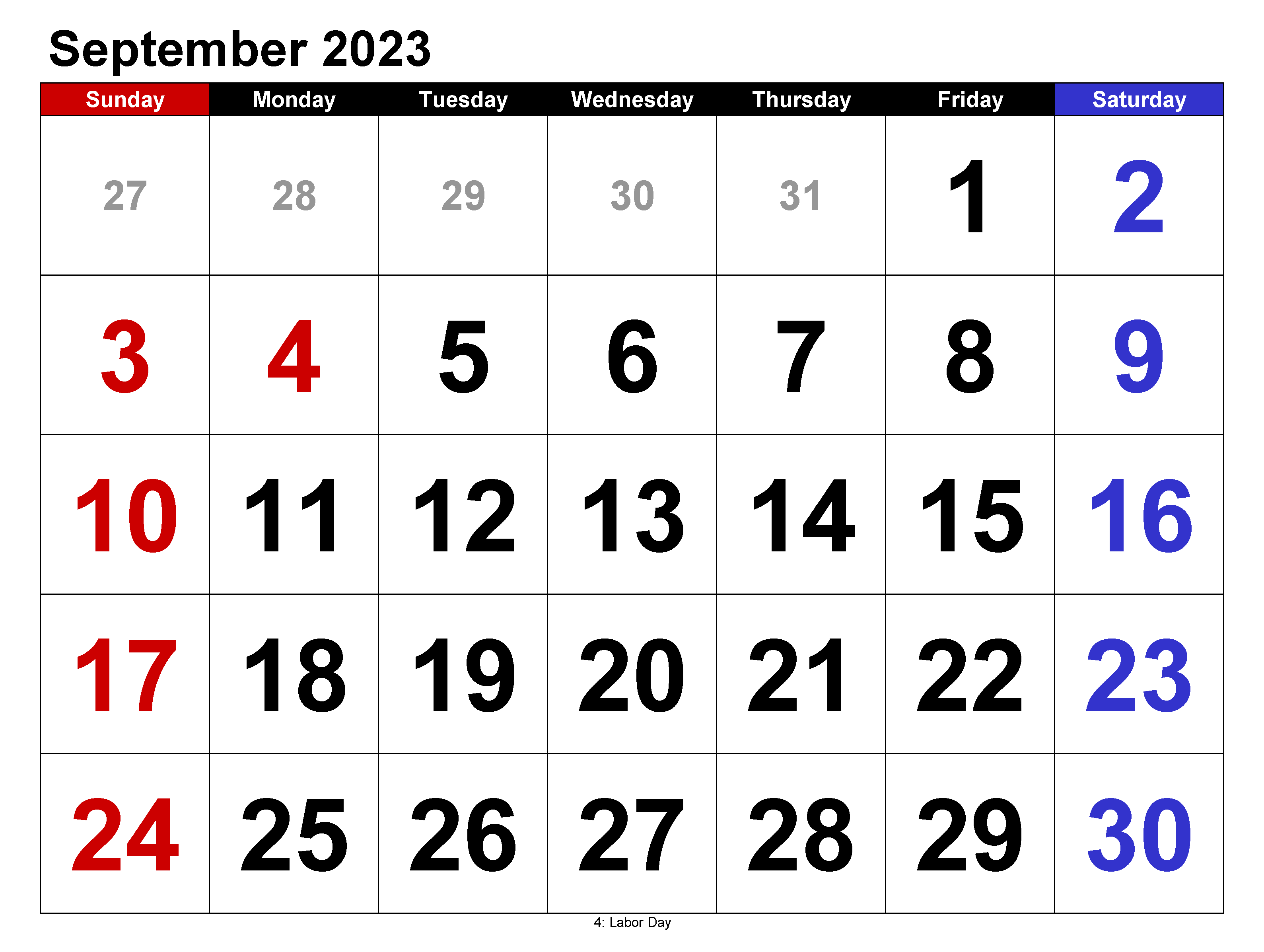 Cute September 2023 Calendar With Holidays