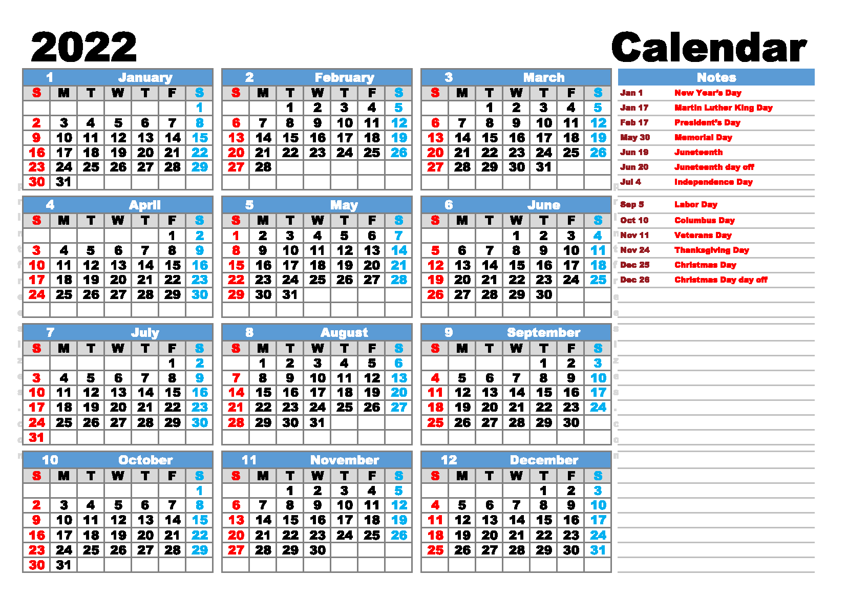 Holiday Calendar 2022