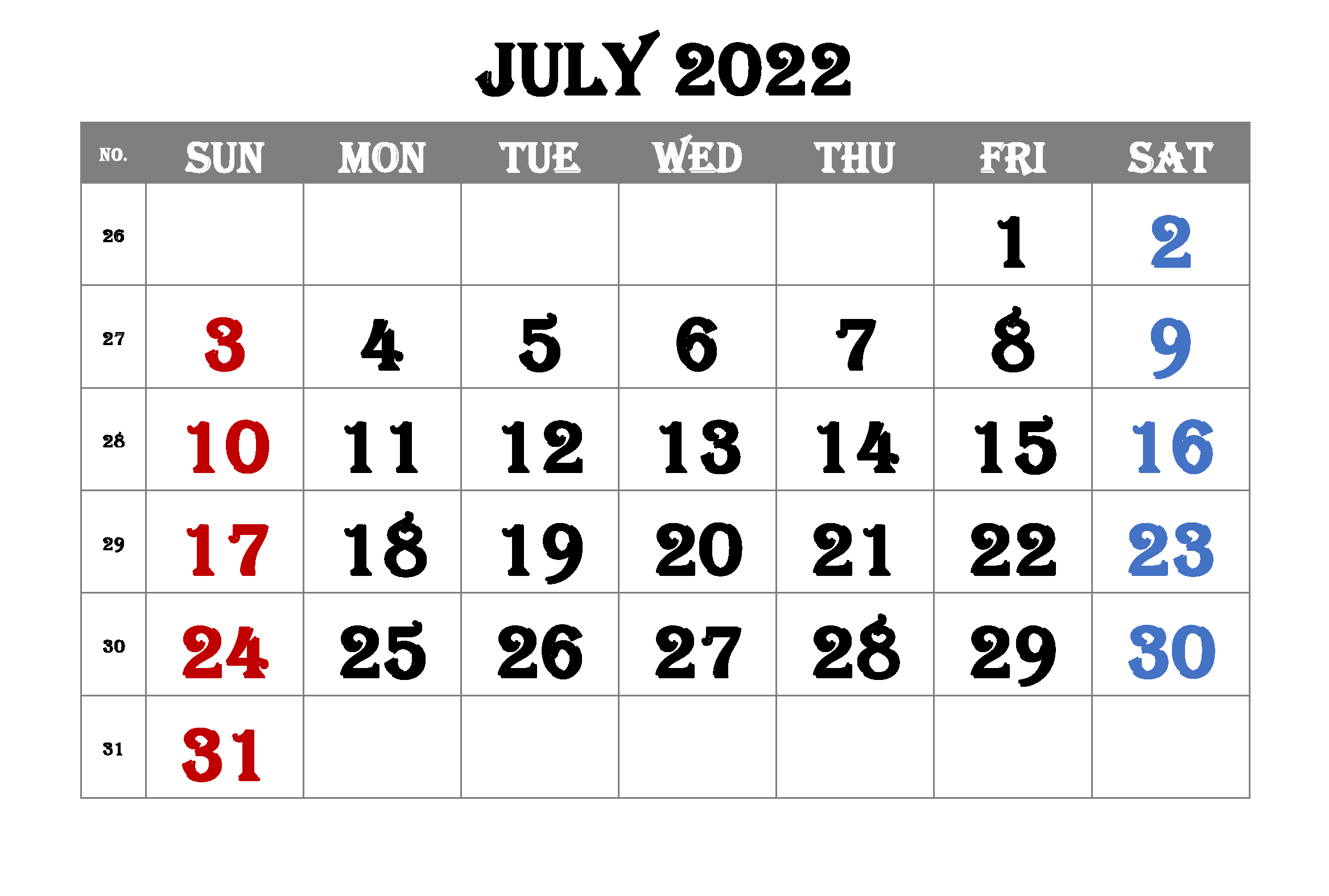 July Calendar 2022 Excel