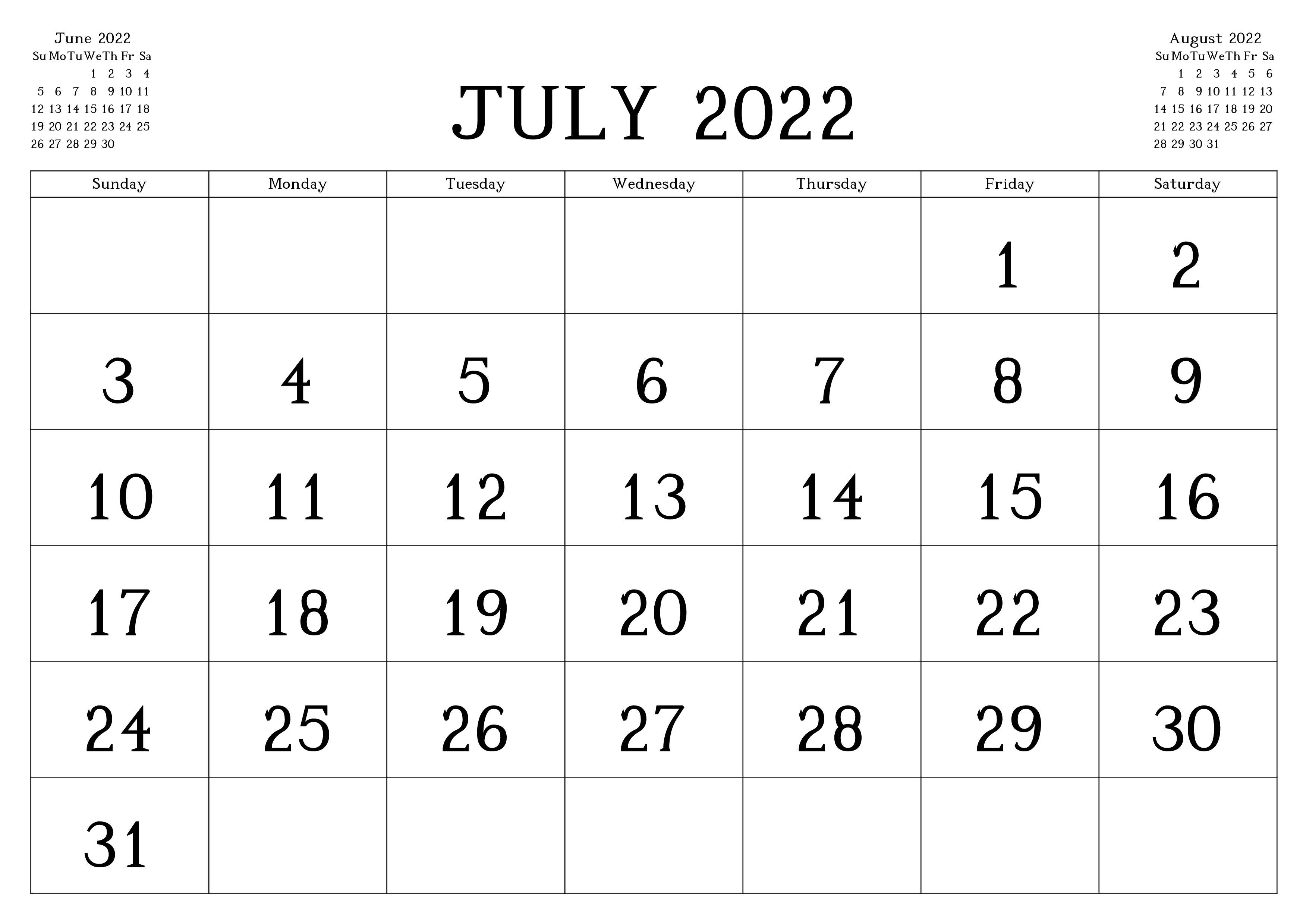 July Calendar 2022 Template