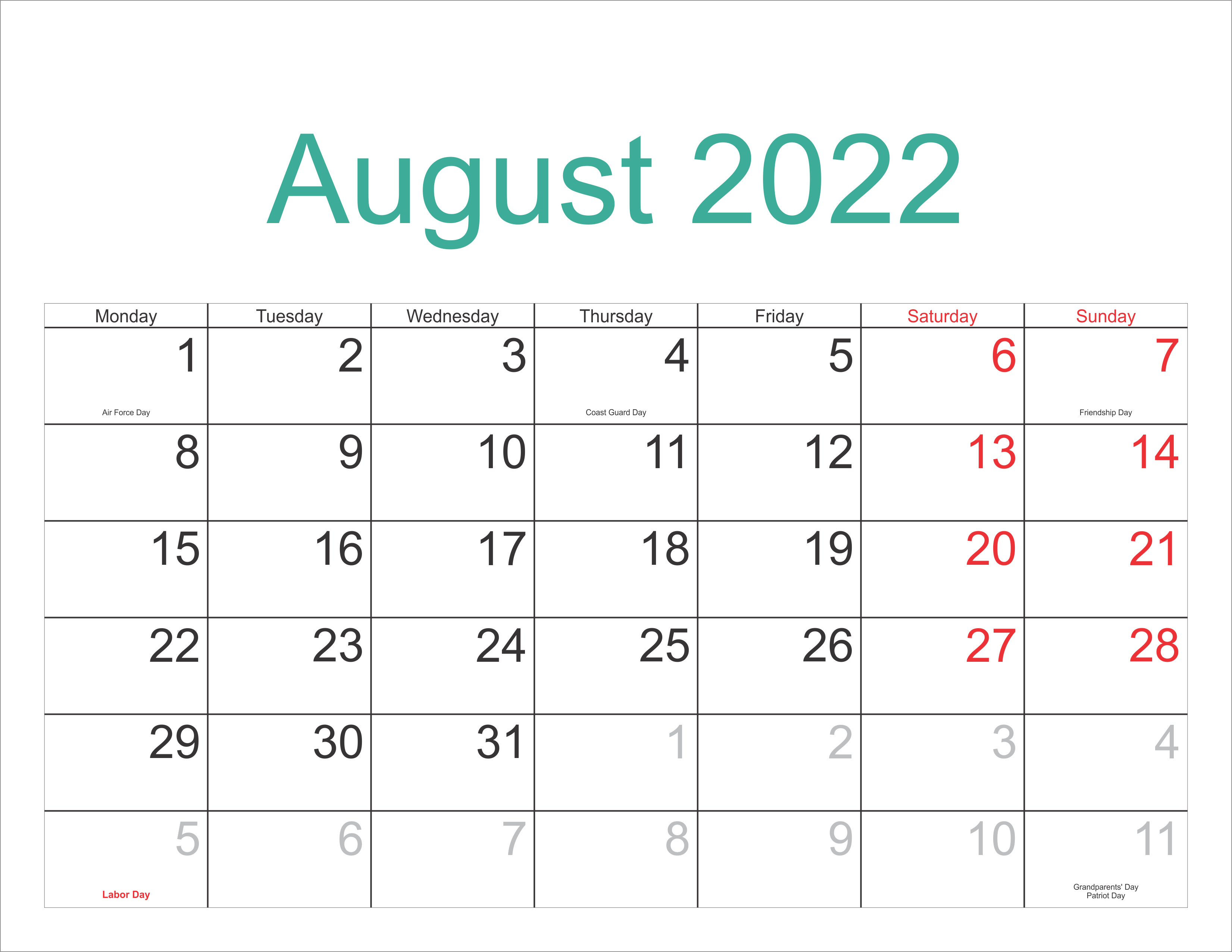 Latest August 2022 Calendar Excel
