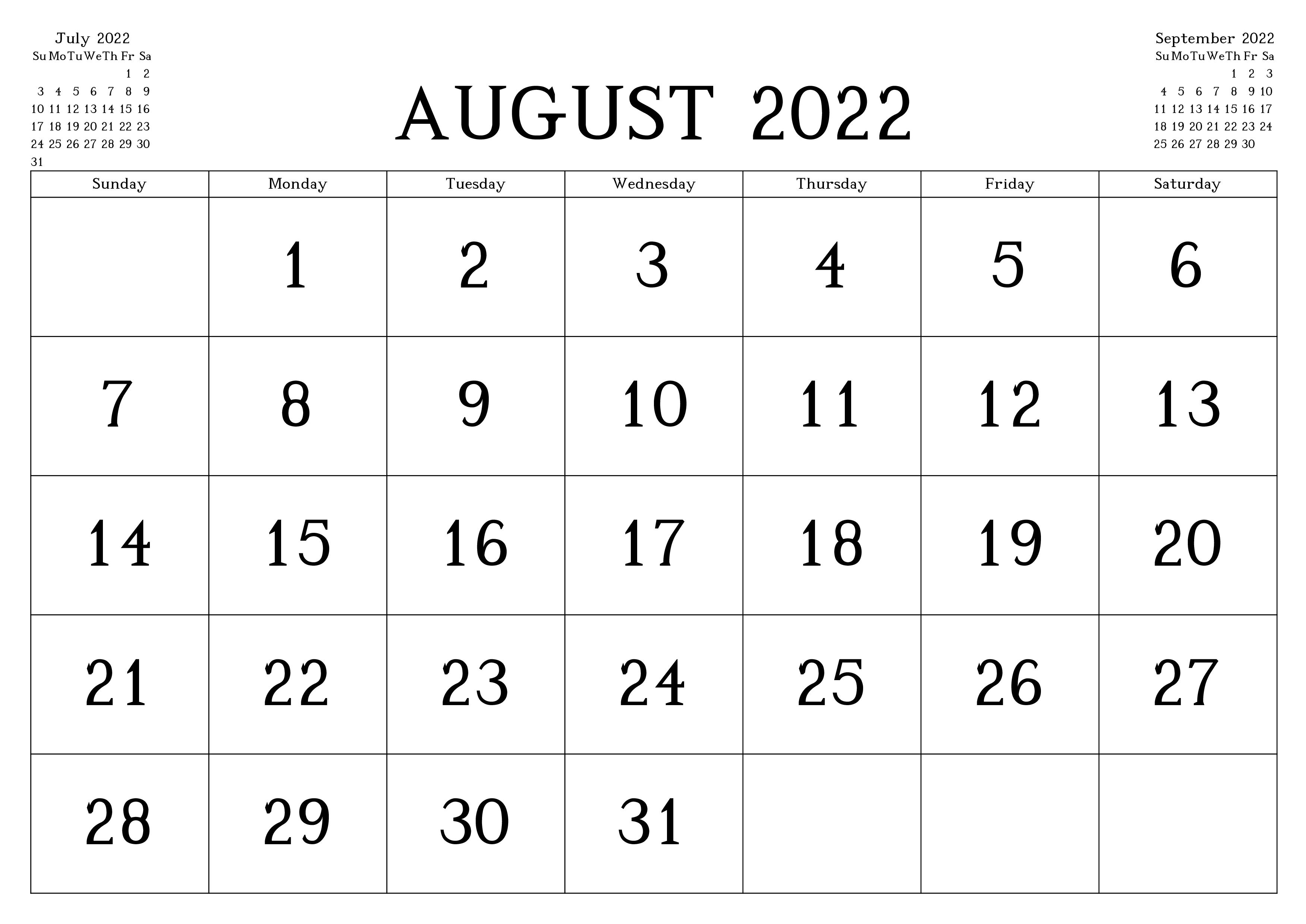 Monthly August Calendar 2022